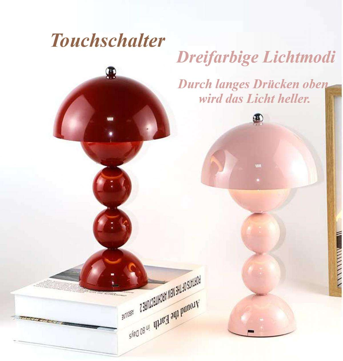 Zwei pilzförmige Lampen, eine rote und eine rosa, stehen auf Büchern. Deutscher Text beschreibt Funktionen.