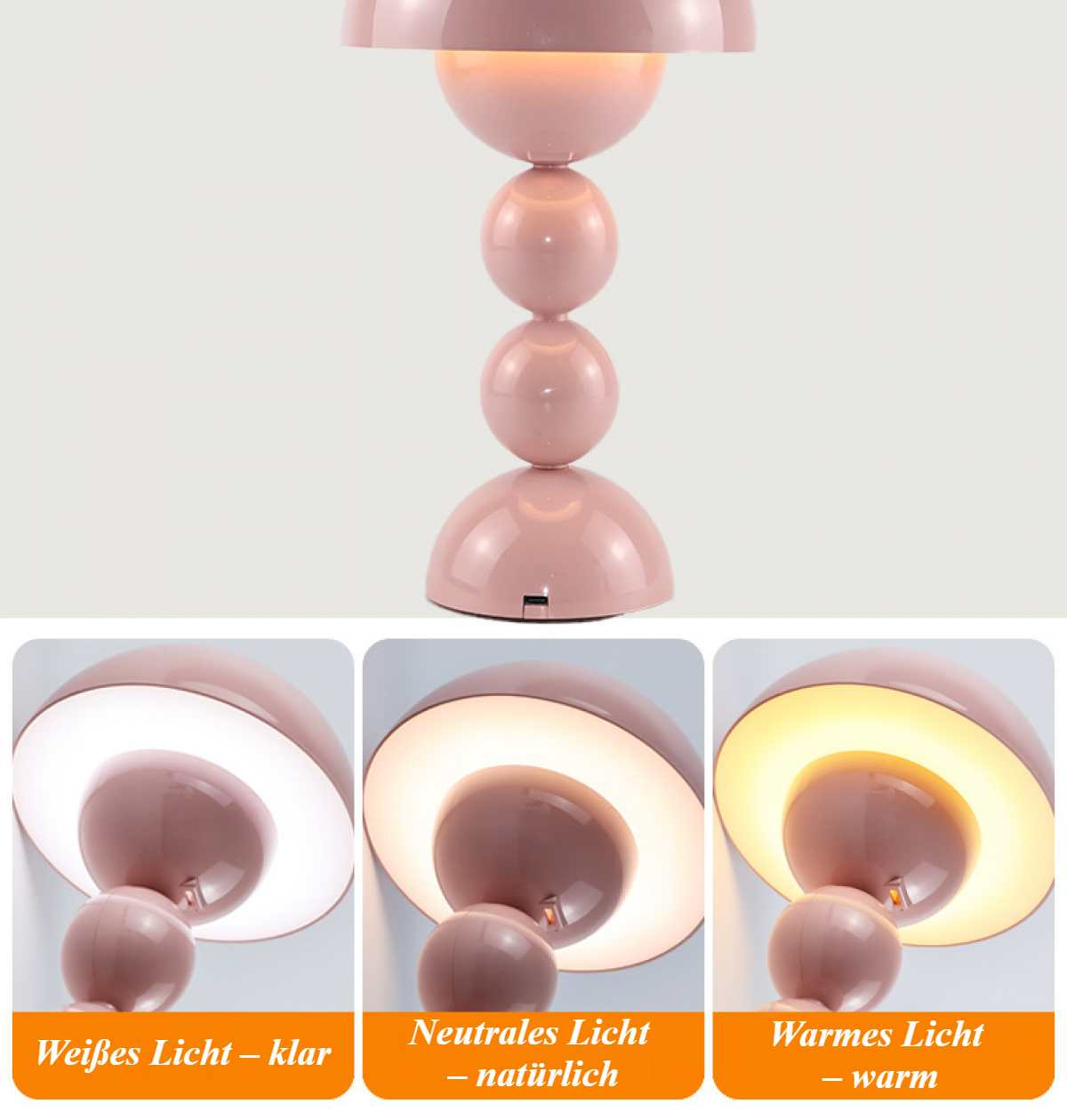 Eine rosa Lampe mit kugelförmigem Design. Sie hat einen Sockel, drei gestapelte Kugeln und einen Lampenschirm. Es werden drei Lichteinstellungen angezeigt.