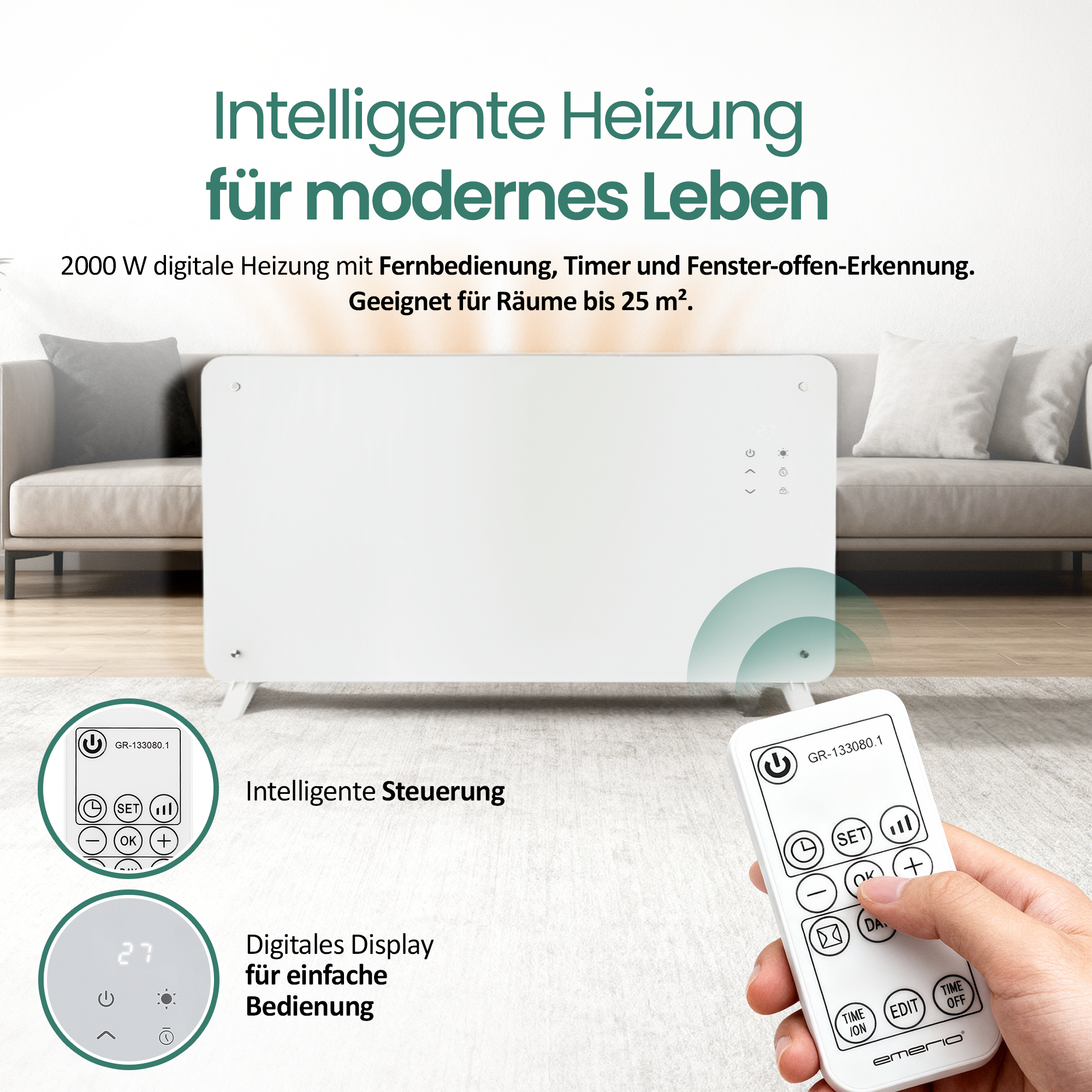 Ein weißer digitaler Heizkörper mit Fernbedienung. Text auf Deutsch. Eine Hand hält die Fernbedienung.