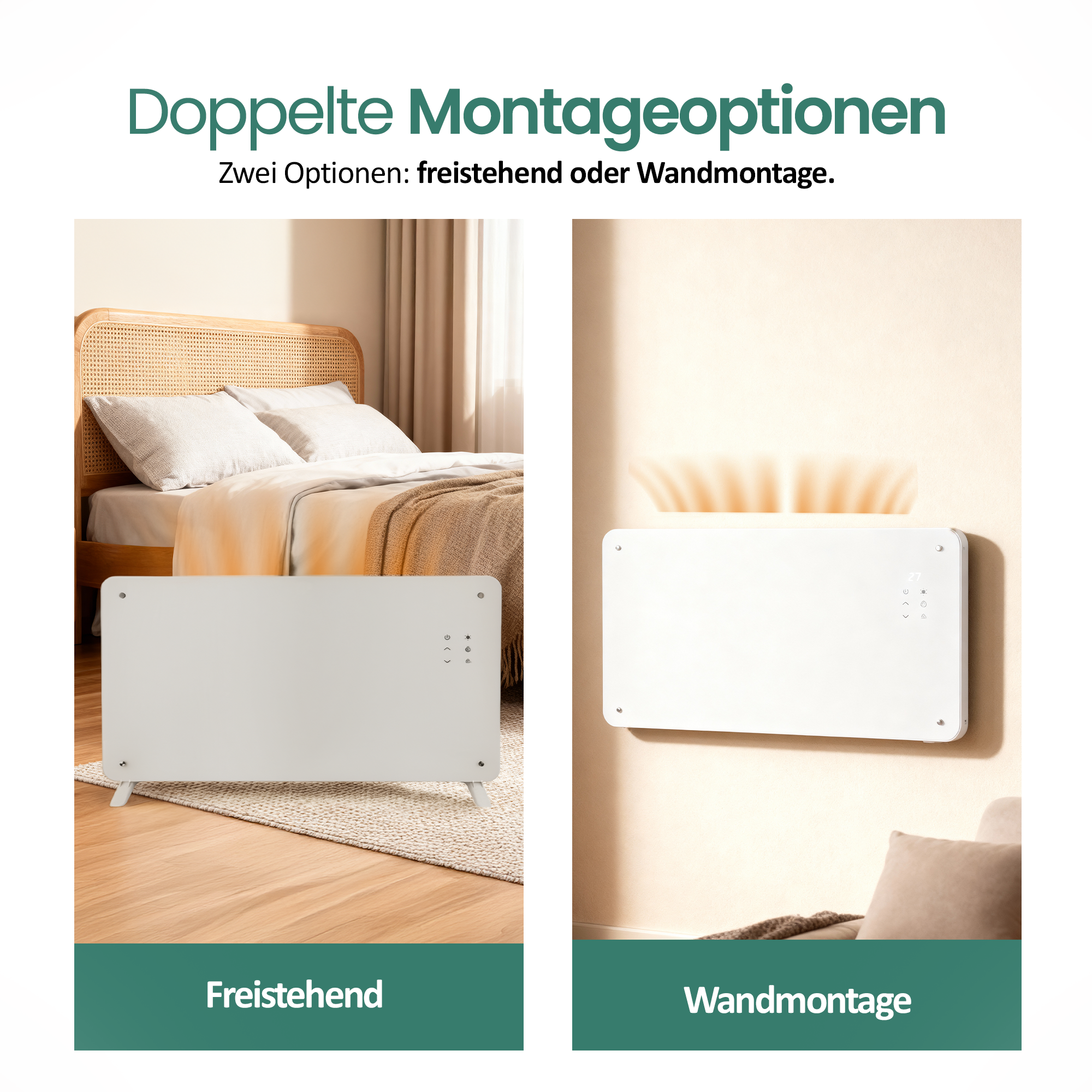 Das Bild zeigt zwei Heizungsoptionen: freistehend und wandmontiert. Die erste hat ein Bett, die zweite ein Sofa.