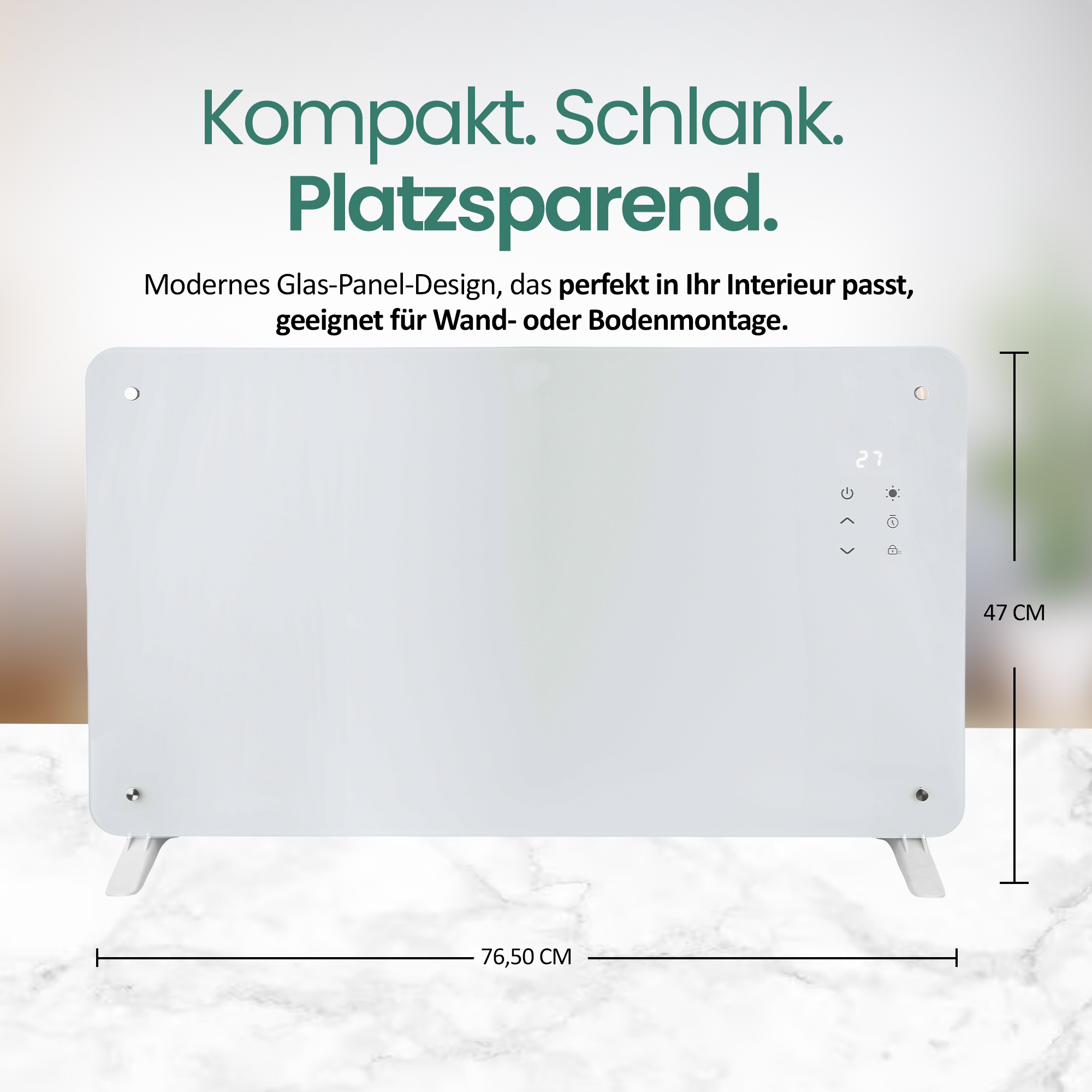 Ein weißer Heizkörper mit Digitalanzeige auf Marmor. Text: Kompakt. Schlank. Platzsparend.