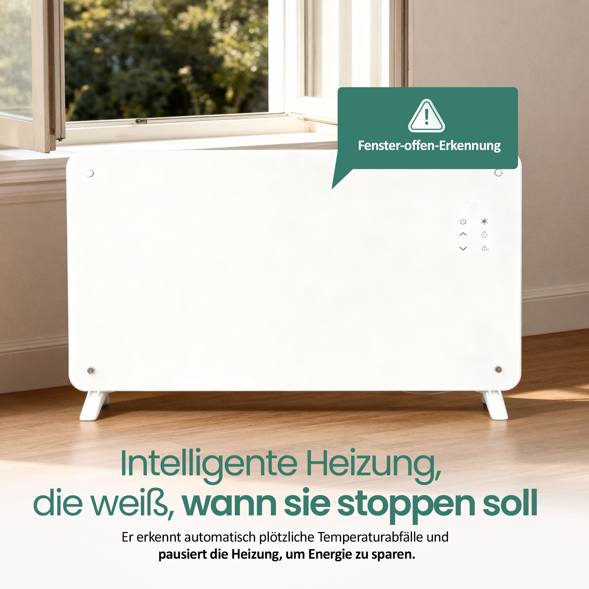Ein weißer Heizkörper mit Digitalanzeige steht in der Nähe eines Fensters. Eine grüne Sprechblase sagt 'Fenster-offen-Erkennung'.