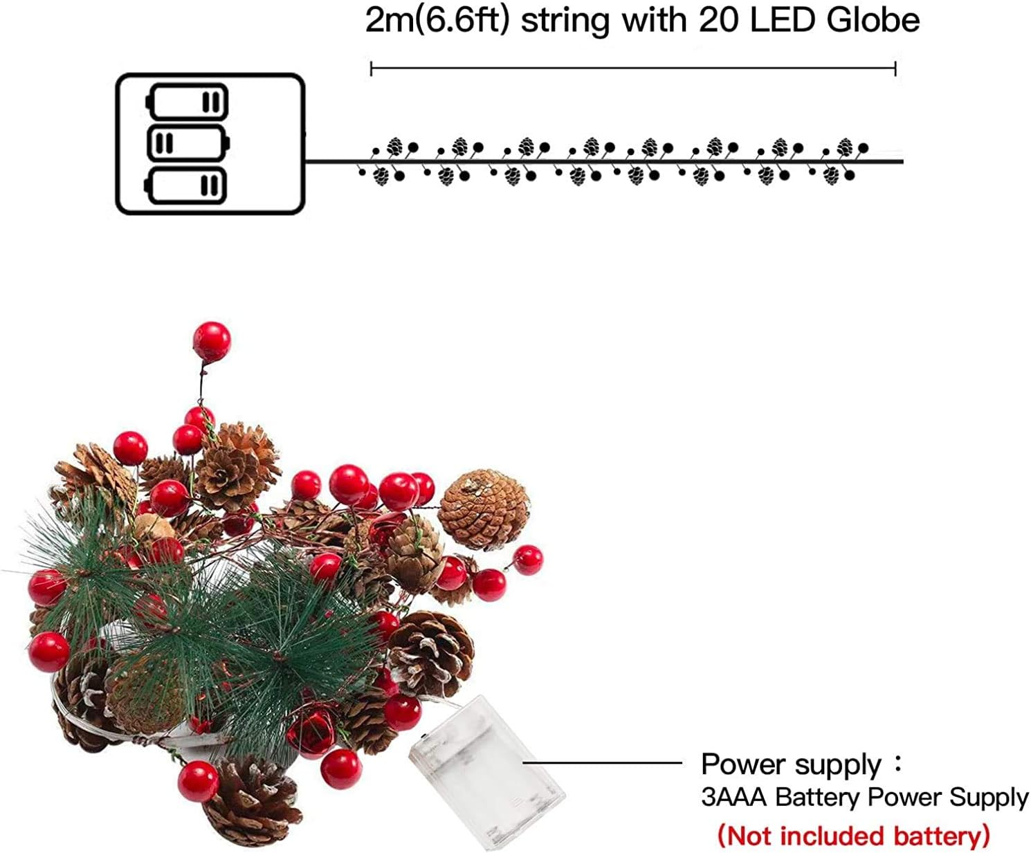 Lichterkette mit LEDs, Tannenzapfen und roten Beeren. Akkupack dargestellt. Text: 2m Schnur mit 20 LED-Kugeln.