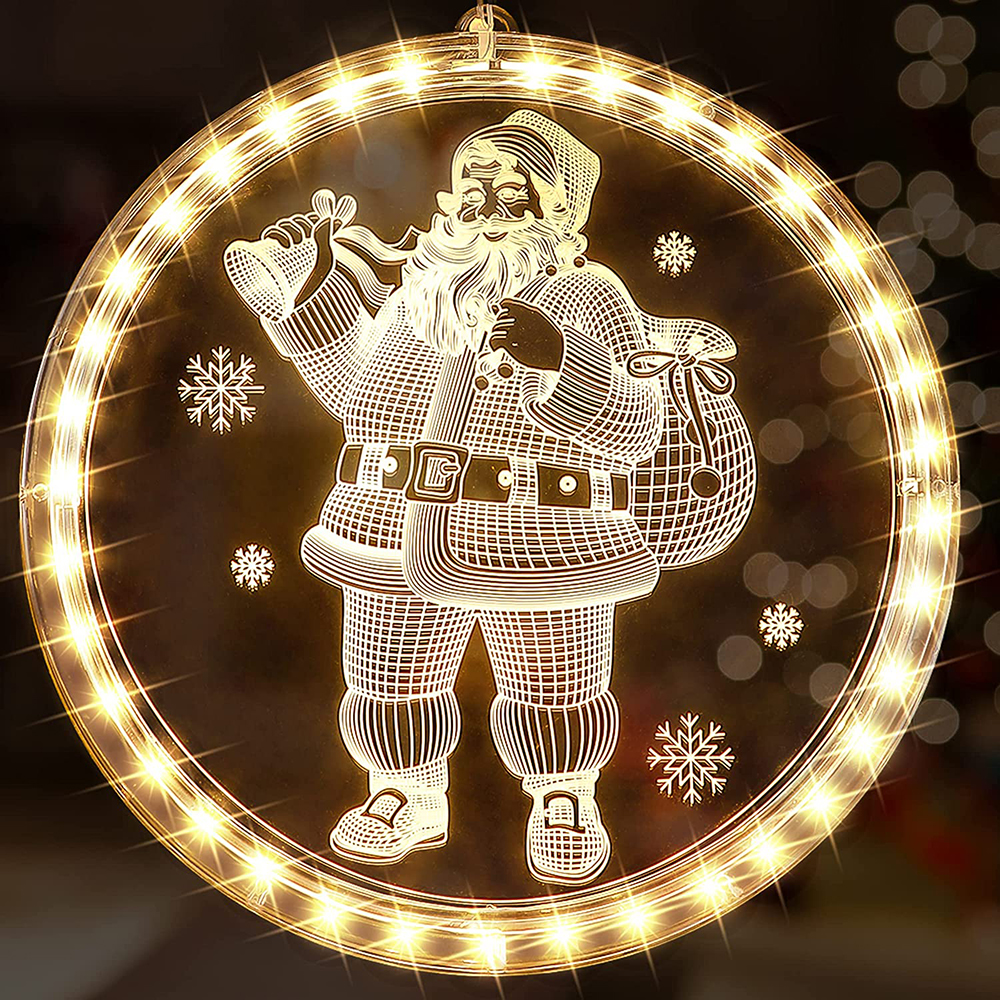 Ein kreisförmiges Weihnachtslicht mit einem Weihnachtsmann-Design. Der Weihnachtsmann hält eine Tasche und eine Glocke, umgeben von einem Lichtrand und Schneeflocken.