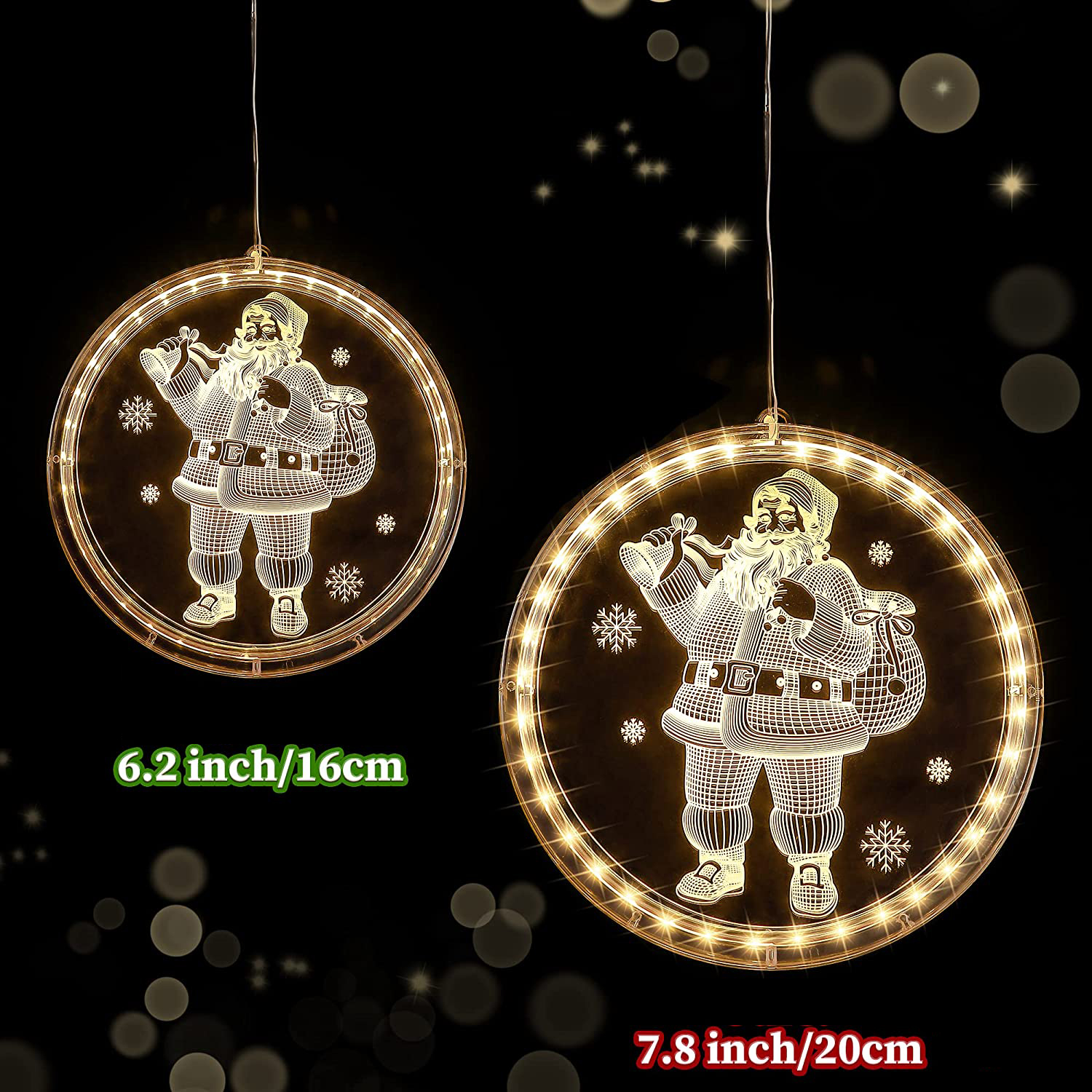 Zwei beleuchtete Weihnachtsmann-Dekorationen hängen vor einem schwarzen Hintergrund. Größen sind angegeben. Kreisförmig mit Schneeflocken.