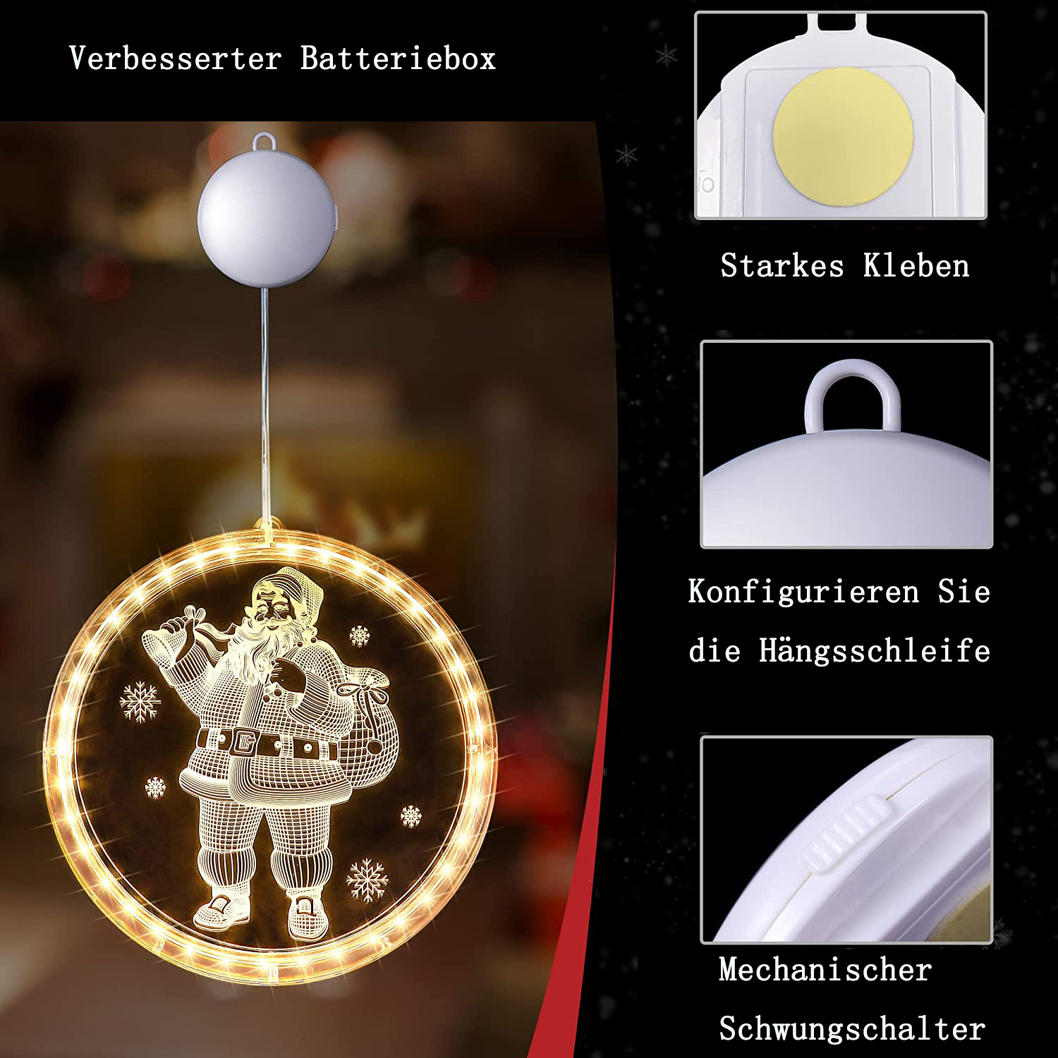 Eine leuchtende Weihnachtsmann-Dekoration, umgeben von Lichtern. Sie hängt an einer weißen Kugel, die an einer Batteriebox befestigt ist. Text auf Deutsch.