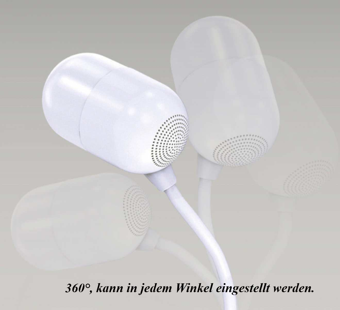 Weiße, ovale Geräte mit Lautsprechergittern und gebogenen Stielen. Im Hintergrund sind verblasste Geräteumrisse zu sehen, die auf Einstellbarkeit hindeuten.