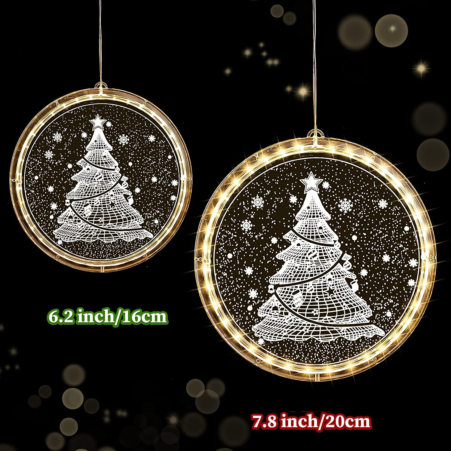Zwei Weihnachtsbaumlichter, jedes in einem Kreis mit leuchtendem Rand, hängen vor einem dunklen Hintergrund mit Sternen und Schneeflocken.