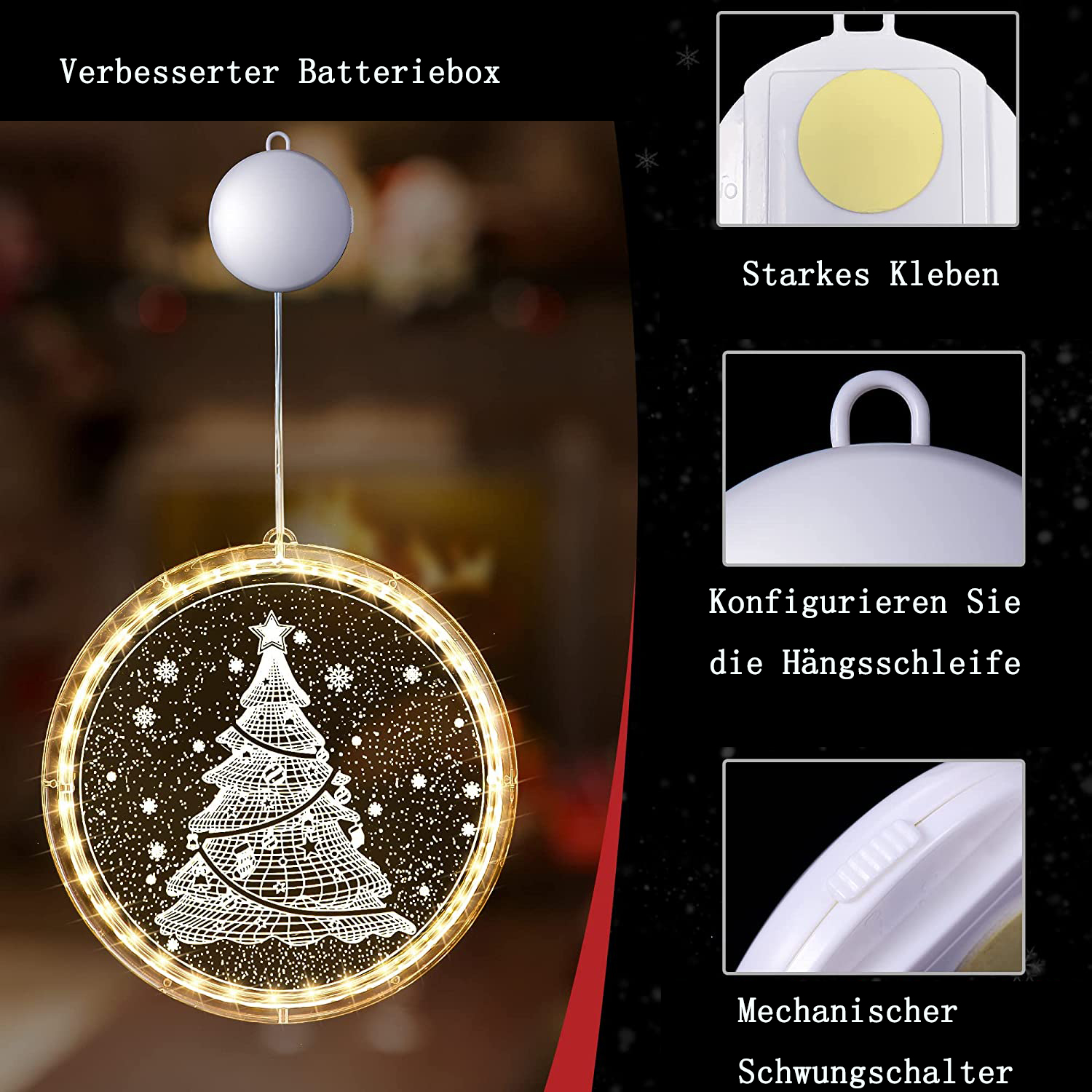 Runde Weihnachtsbaumleuchte mit weißem Baumdesign, hängend an einer weißen Batteriebox. Text auf Deutsch zeigt Funktionen.