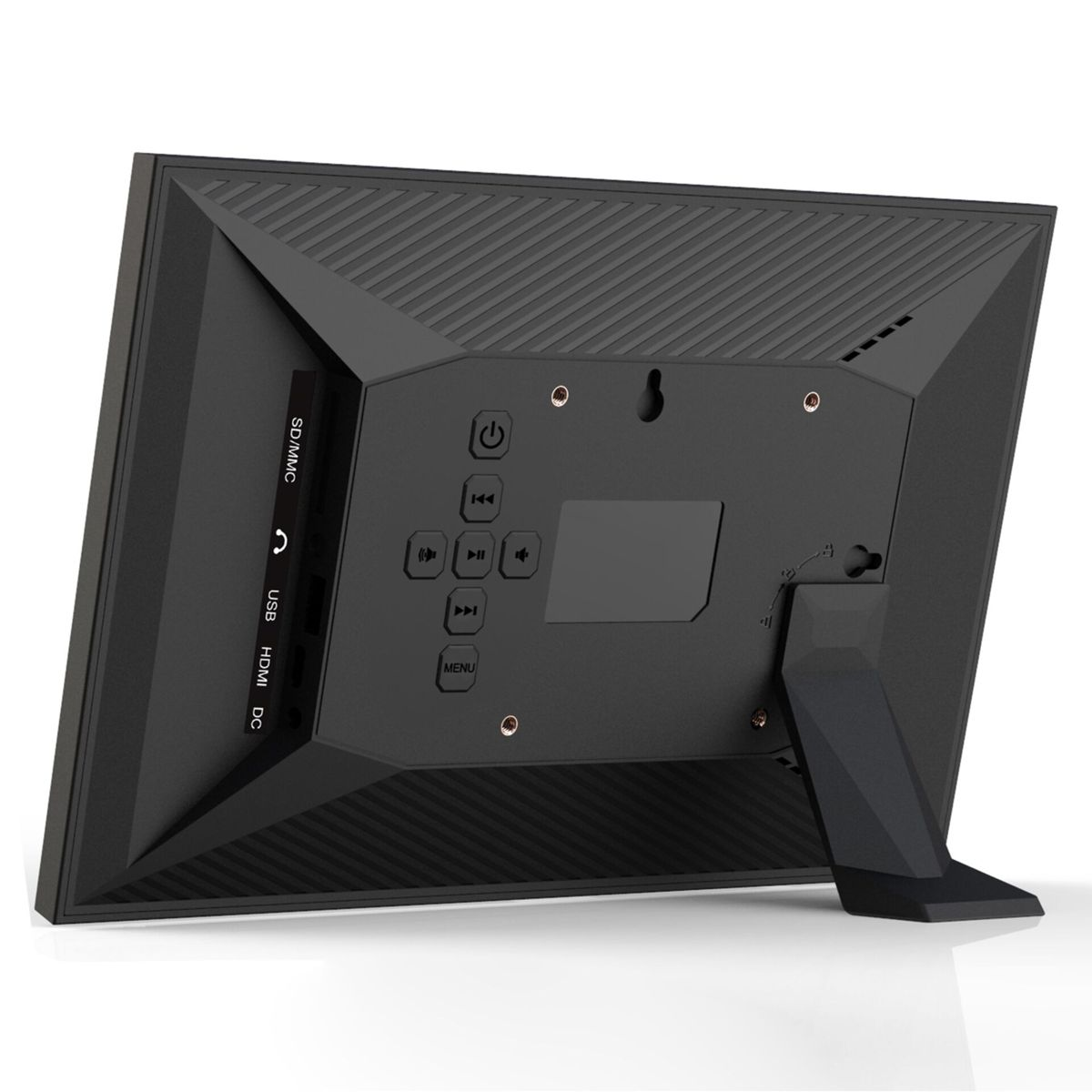 Rückansicht eines schwarzen digitalen Fotorahmens. Knöpfe, Anschlüsse und ein Ständer sind sichtbar. SD/MMC-, USB- und HDMI-Anschlüsse.