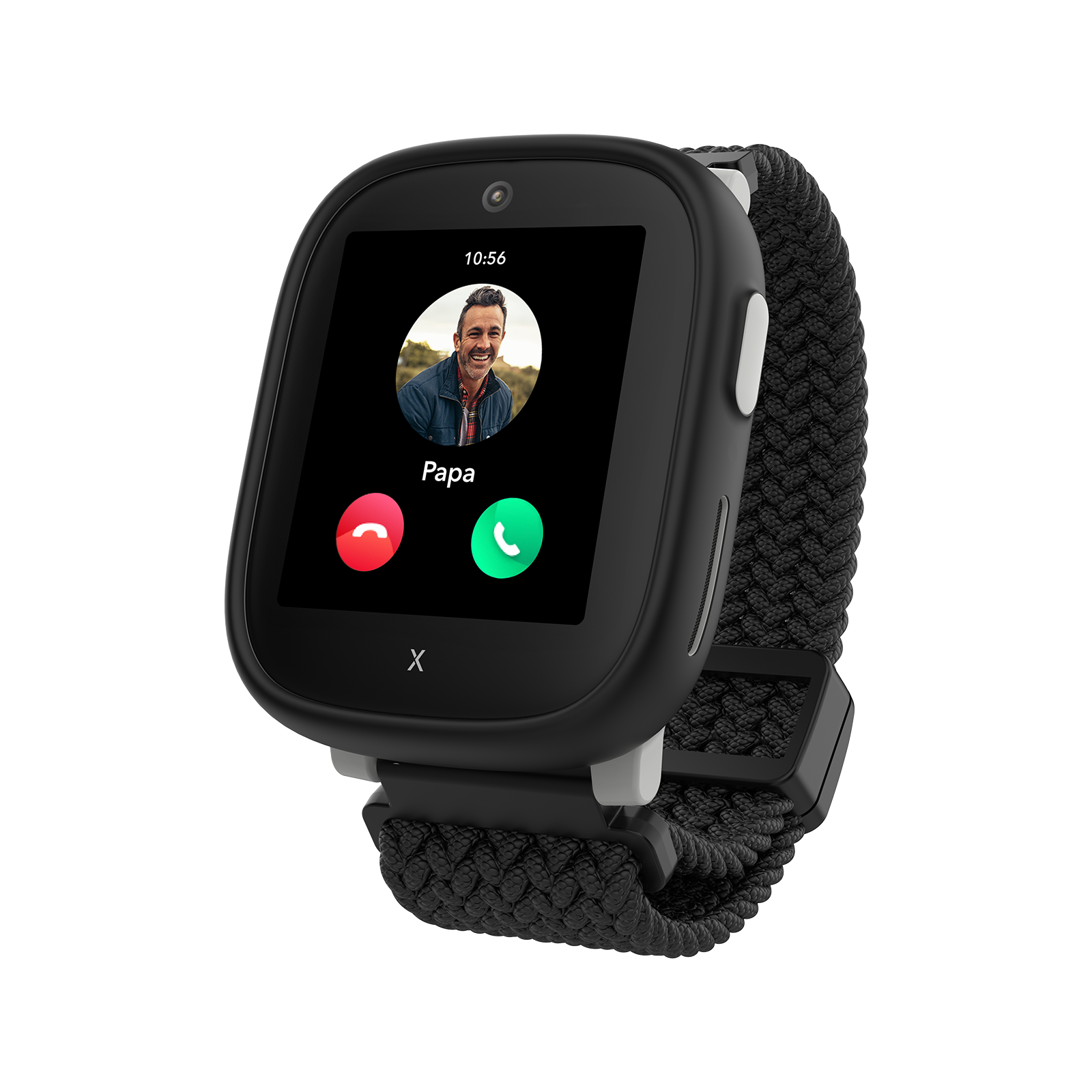 Eine Smartwatch mit einem Videoanruf von 'Papa'. Sie hat ein schwarzes Band und einen Bildschirm mit Anrufannahme/Ablehnungsoption.