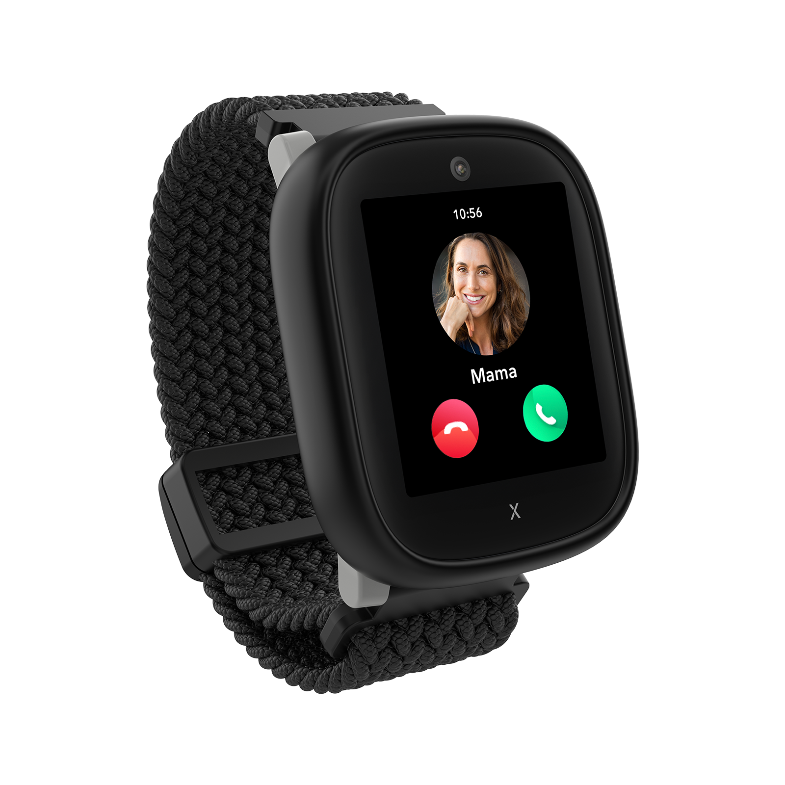 Schwarze Smartwatch mit Bildschirm, der eine Frau namens 'Mama' beim Telefonieren zeigt. Sie hat ein schwarzes geflochtenes Armband.