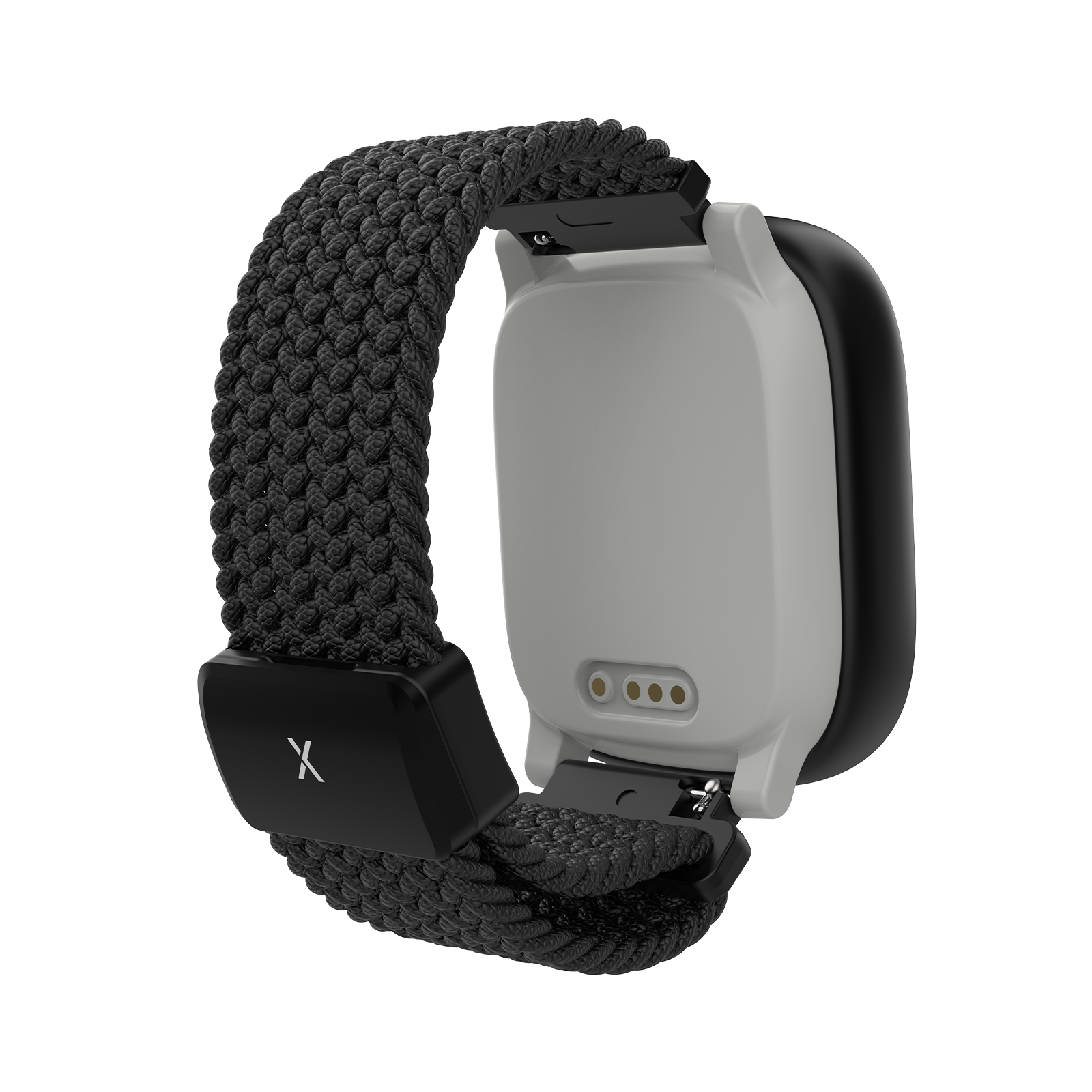 Eine Smartwatch mit grauem Rücken und schwarzen Kanten, hat ein schwarzes geflochtenes Band mit schwarzem Verschluss, weißes X-Logo.