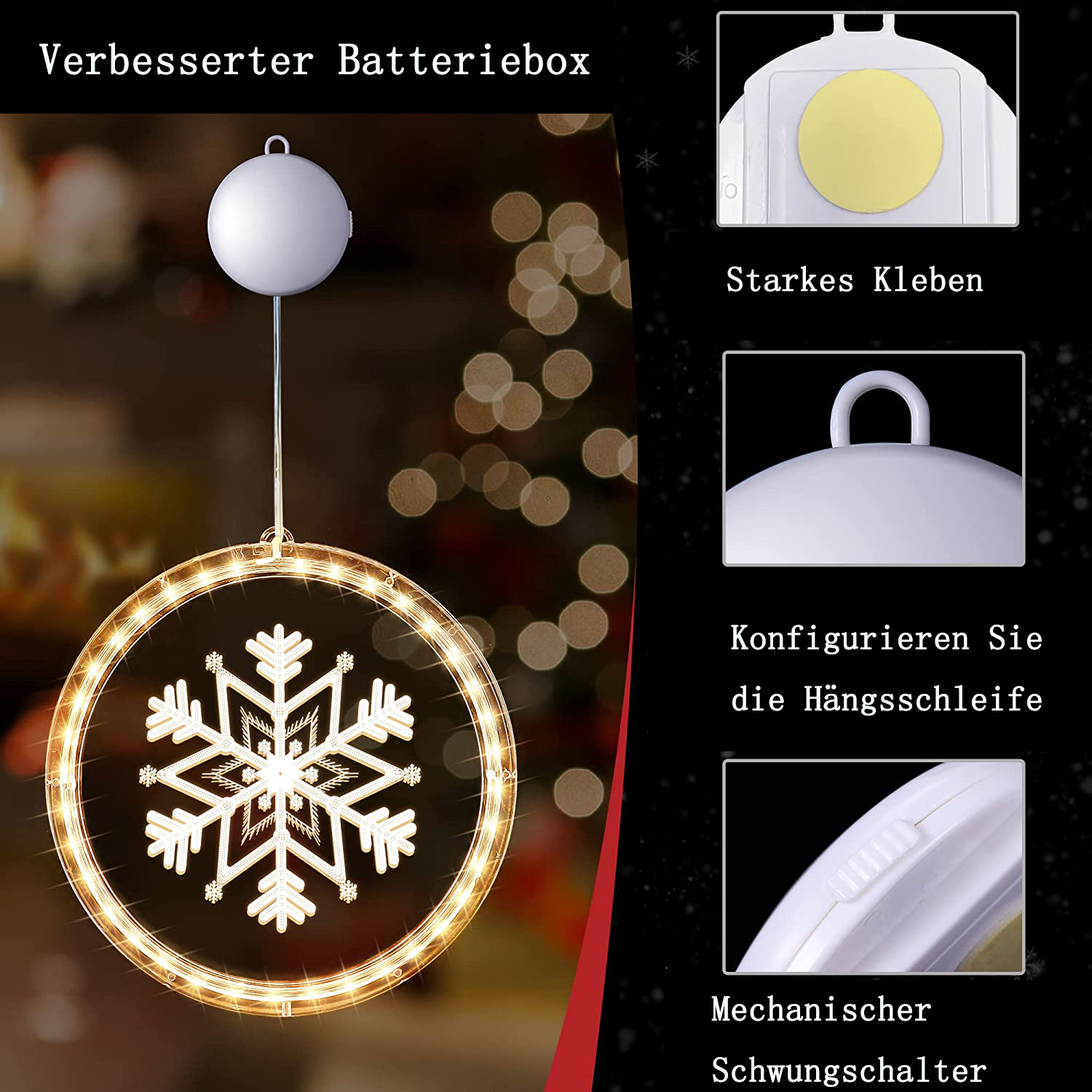Eine beleuchtete Schneeflocken-Dekoration mit weißer Batteriebox. Die Schneeflocke ist in einem kreisförmigen Rahmen.