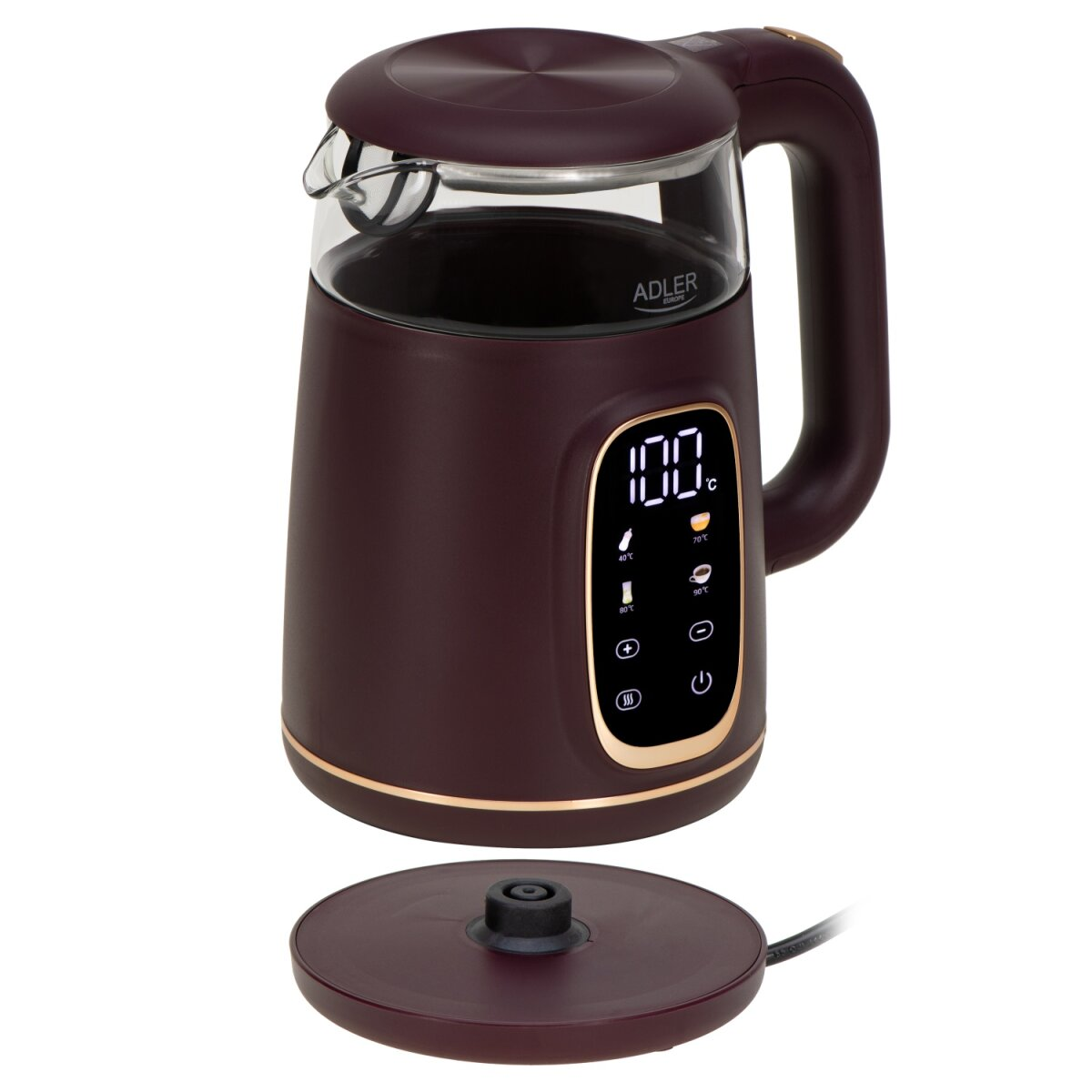 Un bollitore elettrico bordeaux con coperchio in vetro, display digitale con 100°C e base separata.
