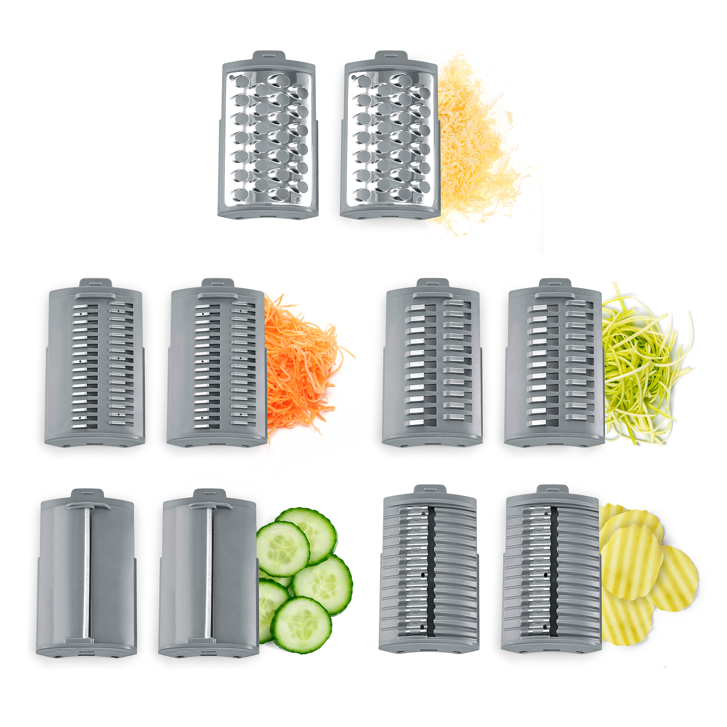 L'immagine mostra una grattugia con formaggio, carote, zucchine, cetrioli e patate.
