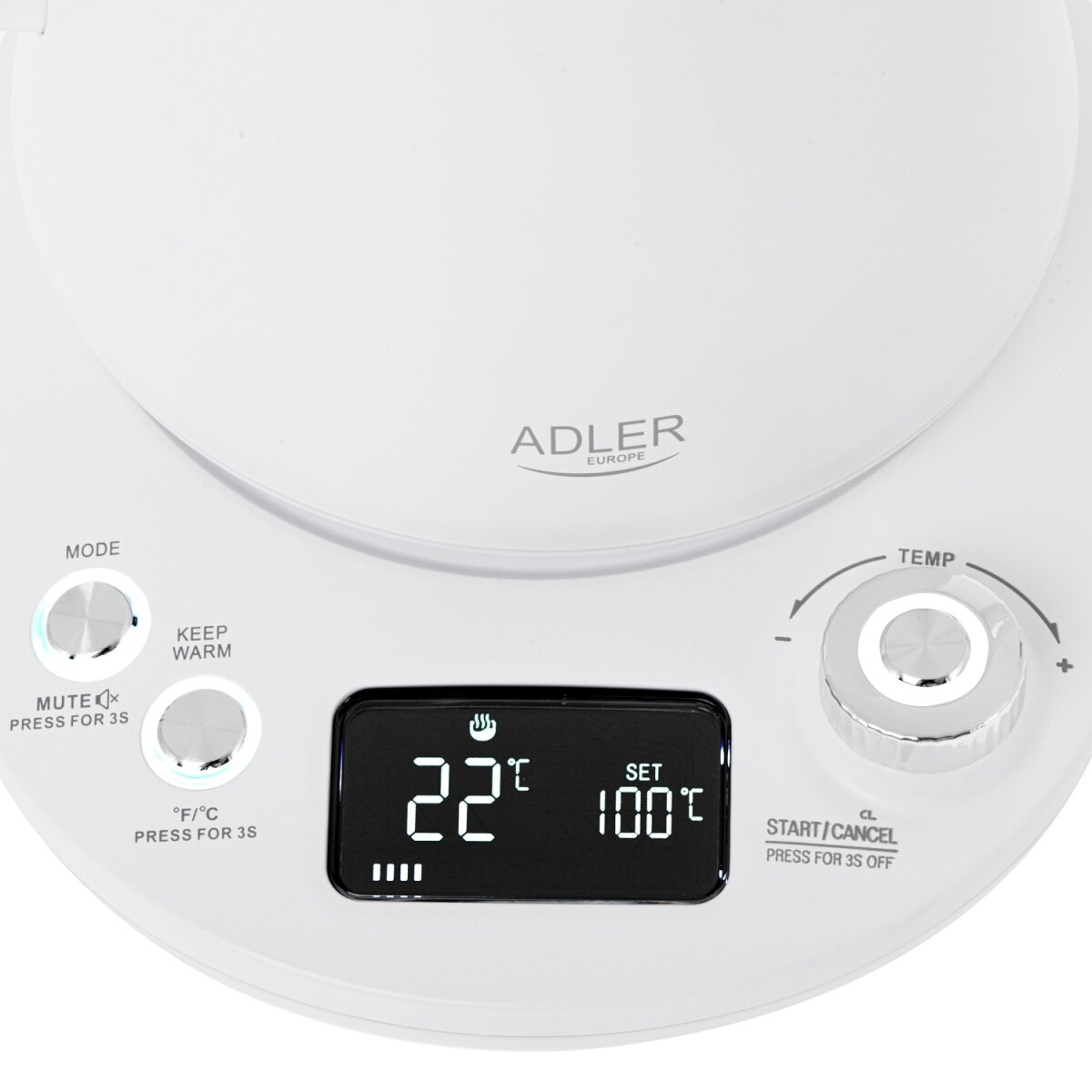 Weißes Wasserkocher-Bedienfeld mit Digitalanzeige, die 22°C und 100°C anzeigt. Tasten für Modus, Warmhalten und Temperaturregelung.
