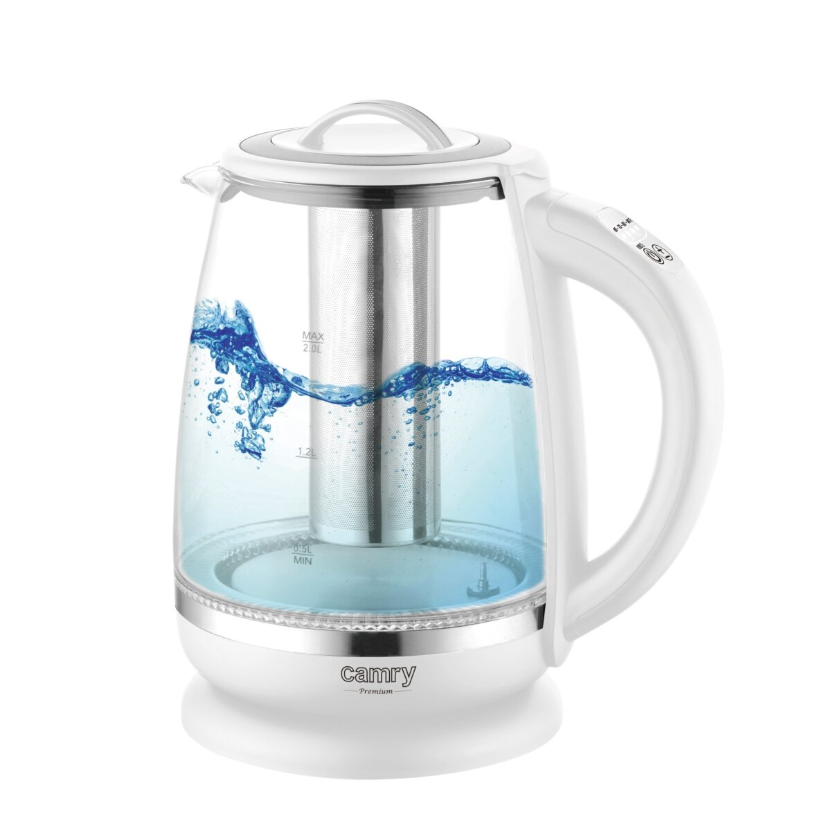 Un bollitore elettrico bianco e trasparente. Ha un manico e un filtro all'interno. L'acqua è blu e schizza un po'.