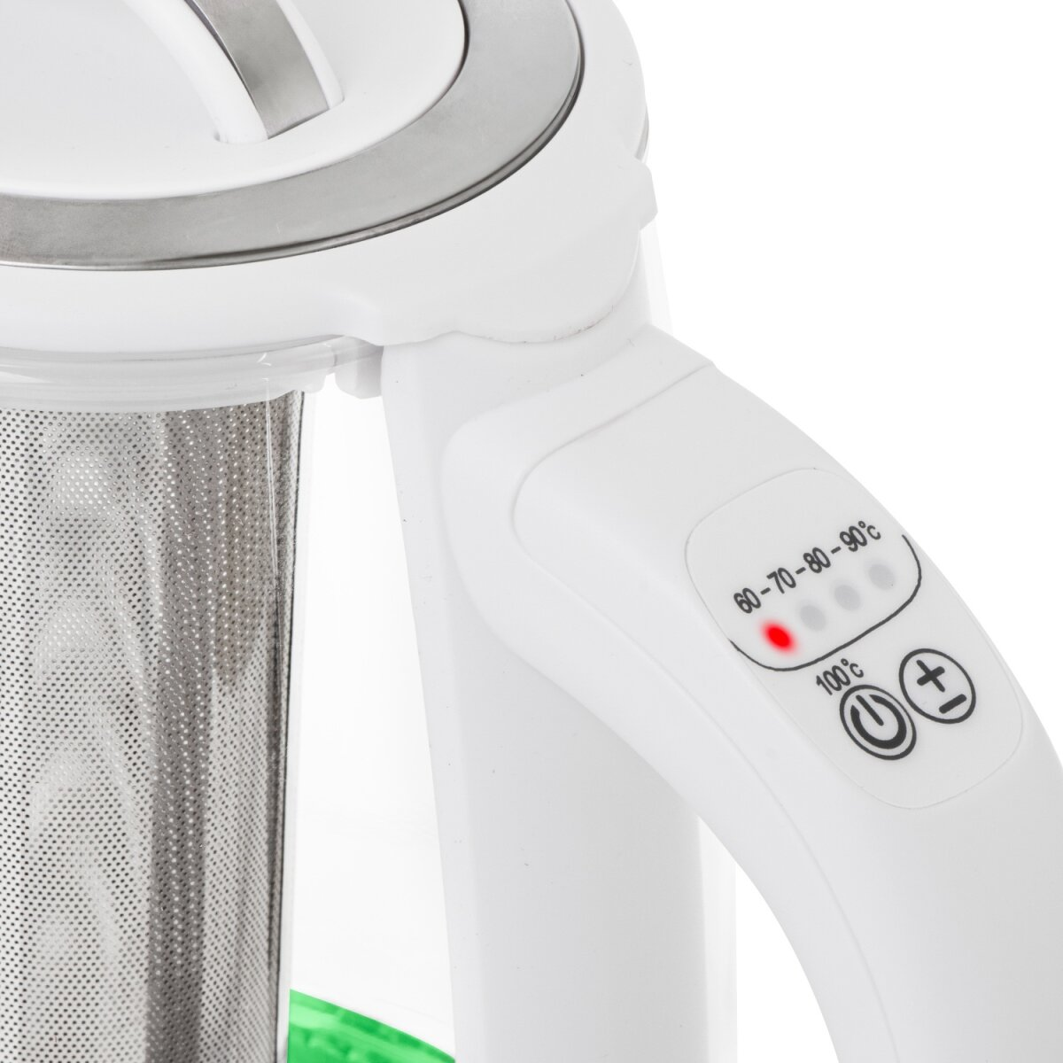 Primo piano di un bollitore elettrico bianco. Ha un filtro in acciaio inossidabile, un pannello di controllo con impostazioni della temperatura e una luce rossa.