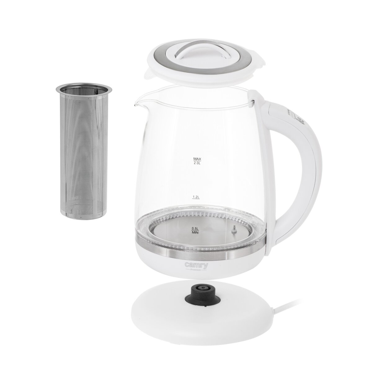 Bollitore elettrico scomposto. Componenti in vetro e plastica bianca, con infusore per tè in acciaio inox. Le parti sono separate.
