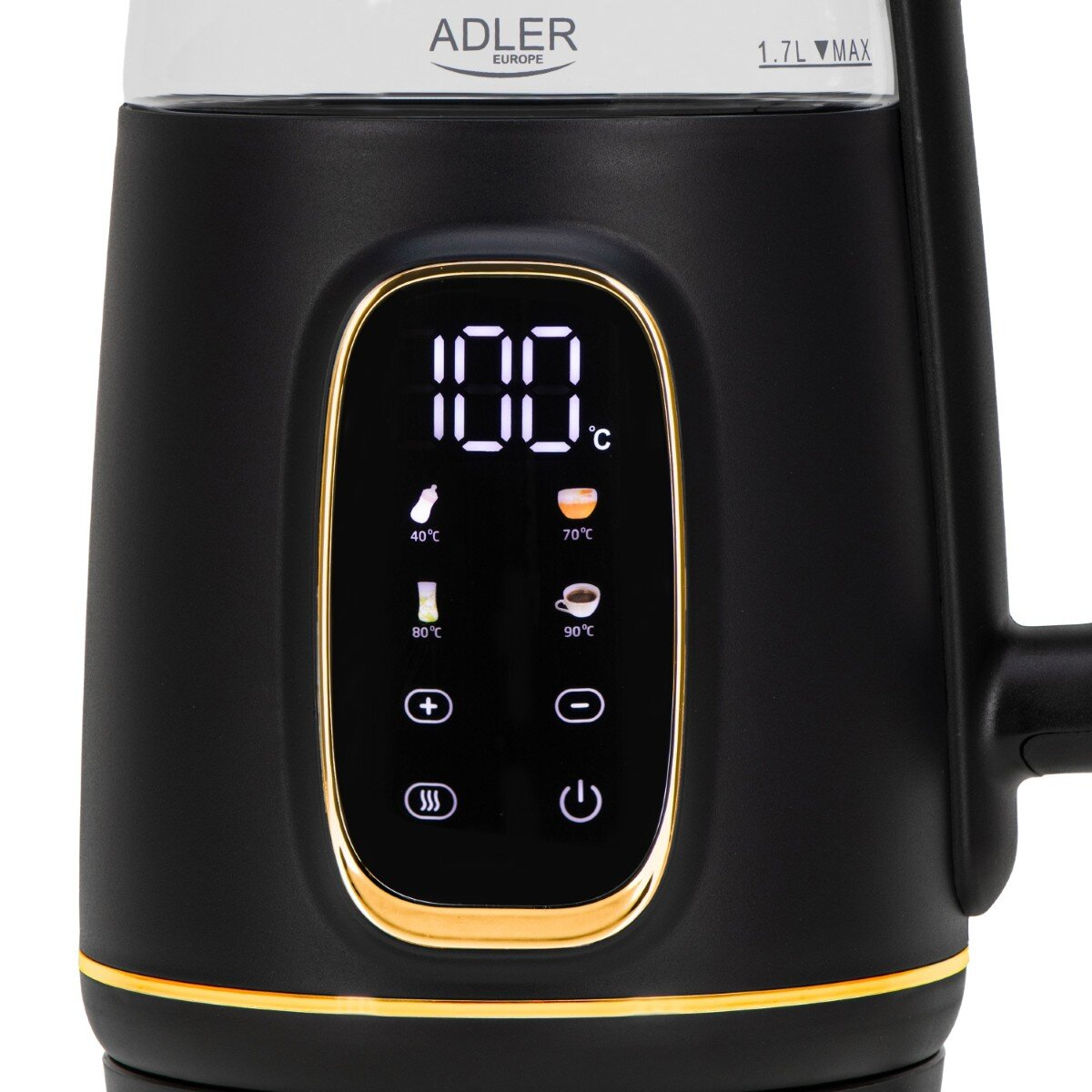 Ein schwarz-goldener Wasserkocher mit digitaler Anzeige von 100°C. Knöpfe für Temperatureinstellungen sind sichtbar.