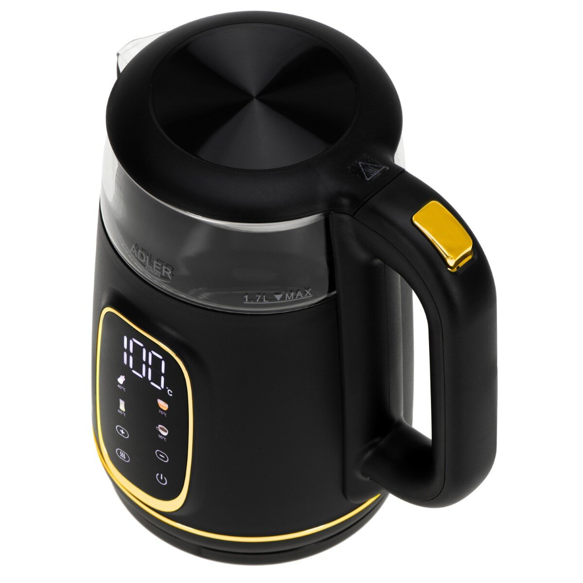 Ein schwarz-goldener Wasserkocher mit digitaler Anzeige, die 100 Grad Celsius anzeigt. Er hat eine Glas-Wasserstandsanzeige.