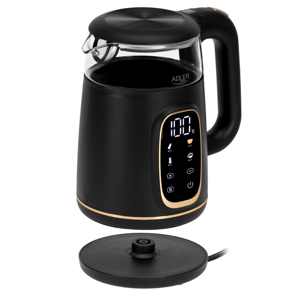Ein schwarz-goldener Wasserkocher mit digitaler Anzeige von 100 Grad Celsius, mit getrennter Basis.