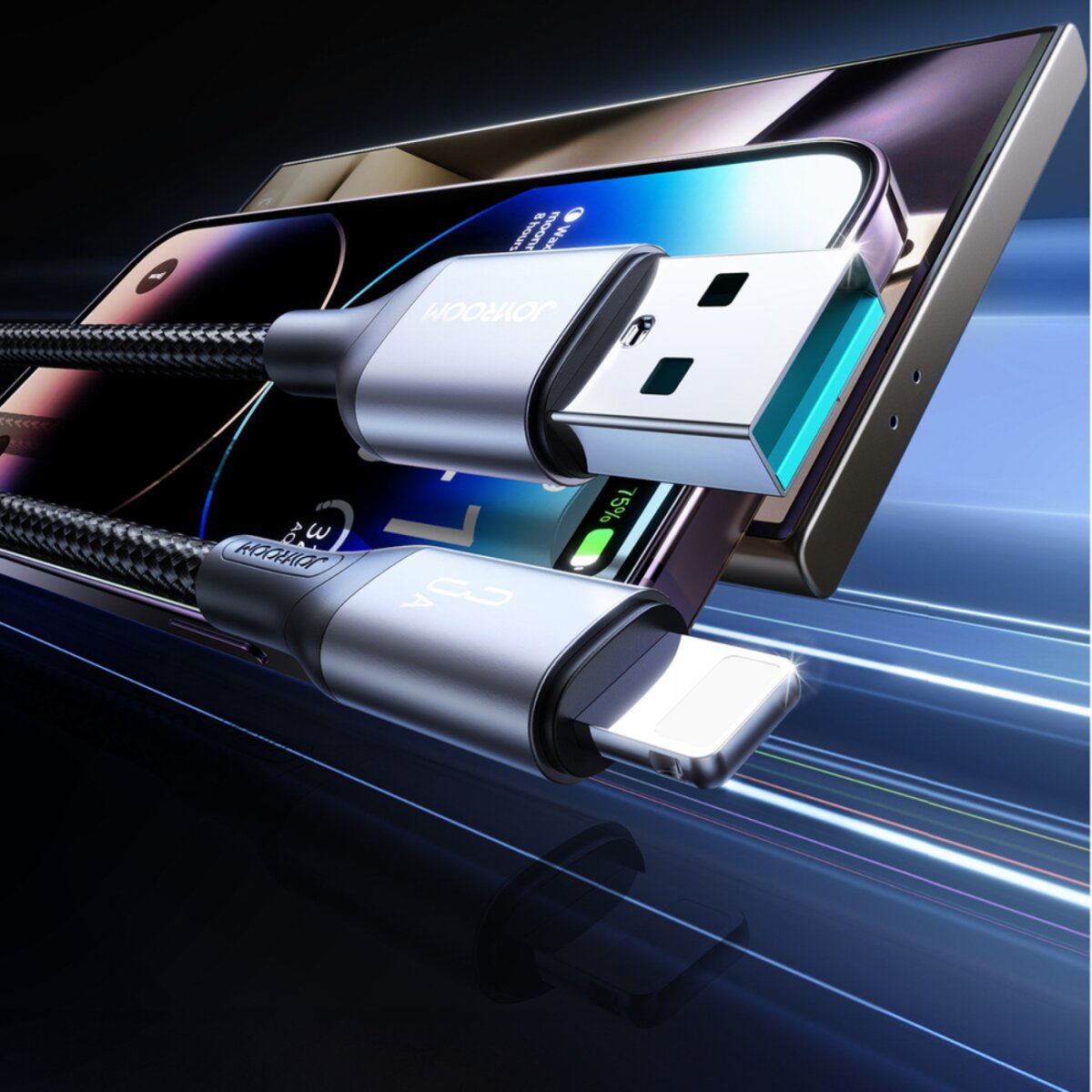 Ein silbernes USB-Kabel ist an ein Telefon angeschlossen. Das Kabel ist mit einem Telefon mit schwarzem Bildschirm verbunden, das lädt.
