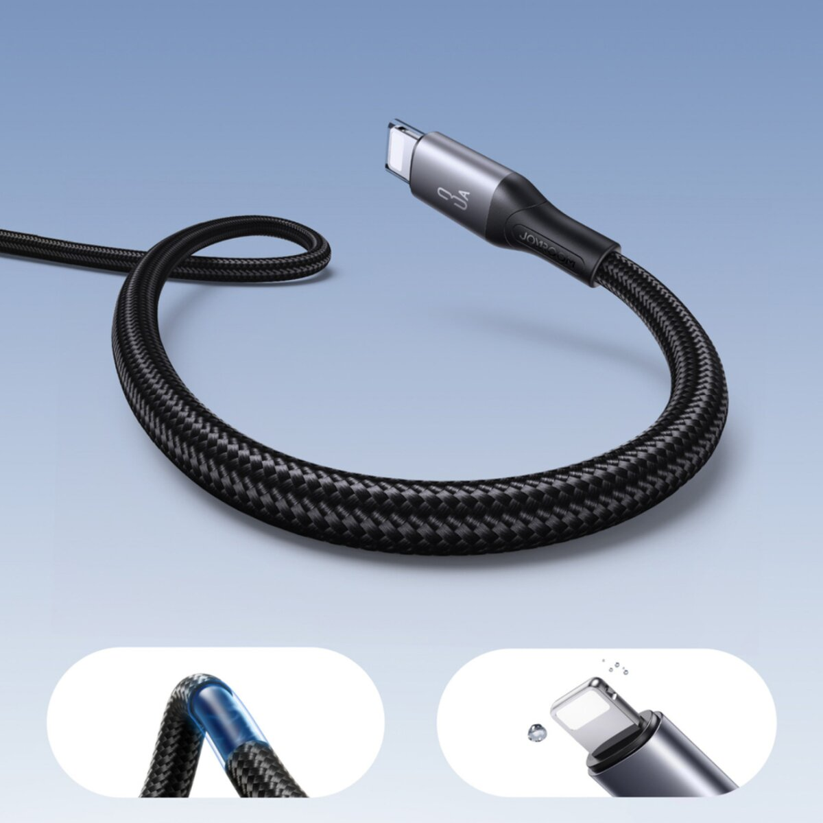 Ein schwarzes USB-C-Ladekabel mit geflochtenem Design. Der Hintergrund ist ein Blauton. Zwei Nahaufnahmen befinden sich unten.