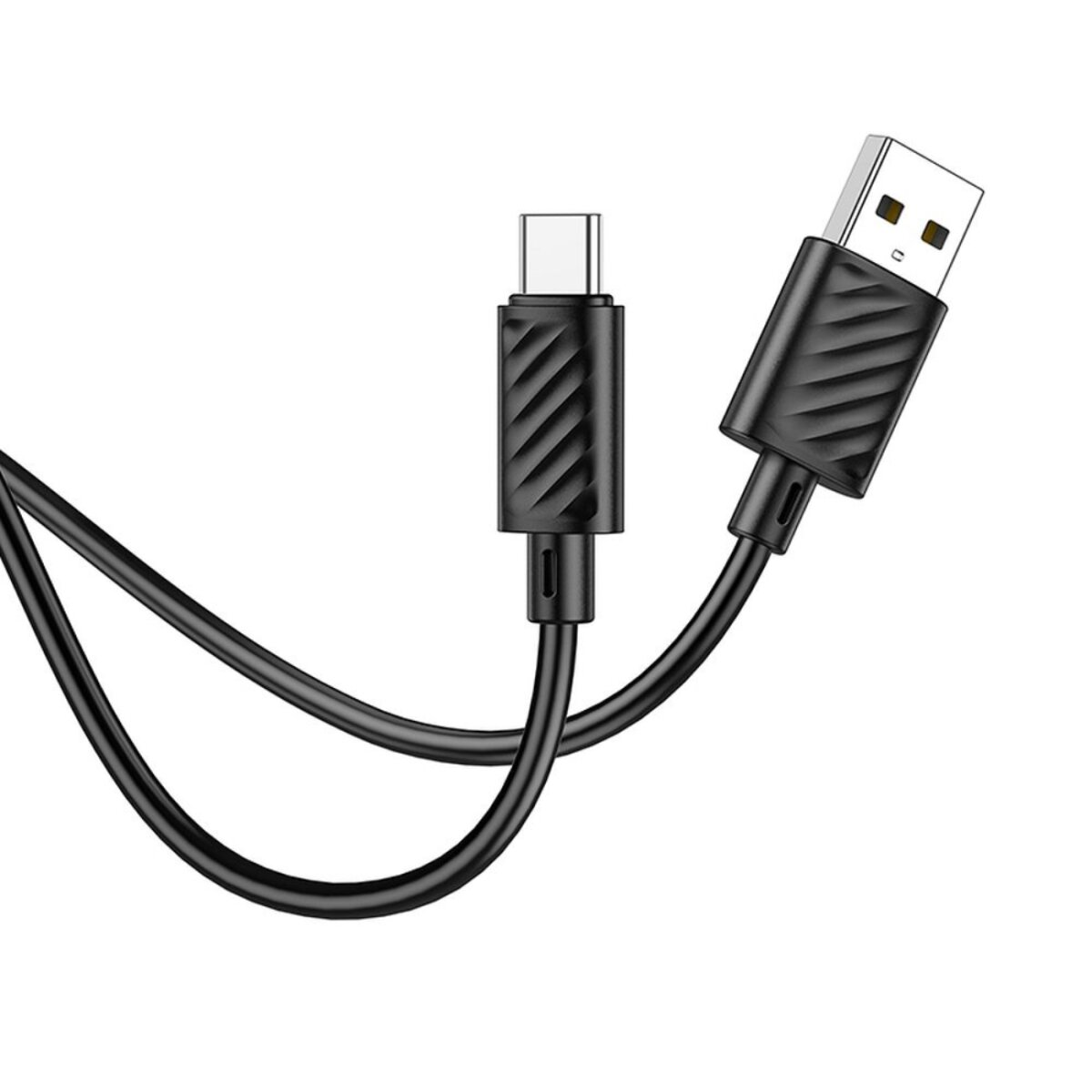 Un cavo nero da USB-C a USB-A. L'estremità USB-C è a sinistra, USB-A a destra. Entrambe le estremità sono nere con un design a coste.