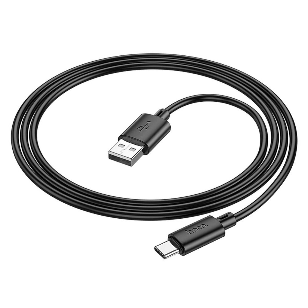 Un cavo USB nero con connettori USB-A e USB-C. Il cavo è arrotolato, con 'hoco.' stampato sull'estremità USB-C.