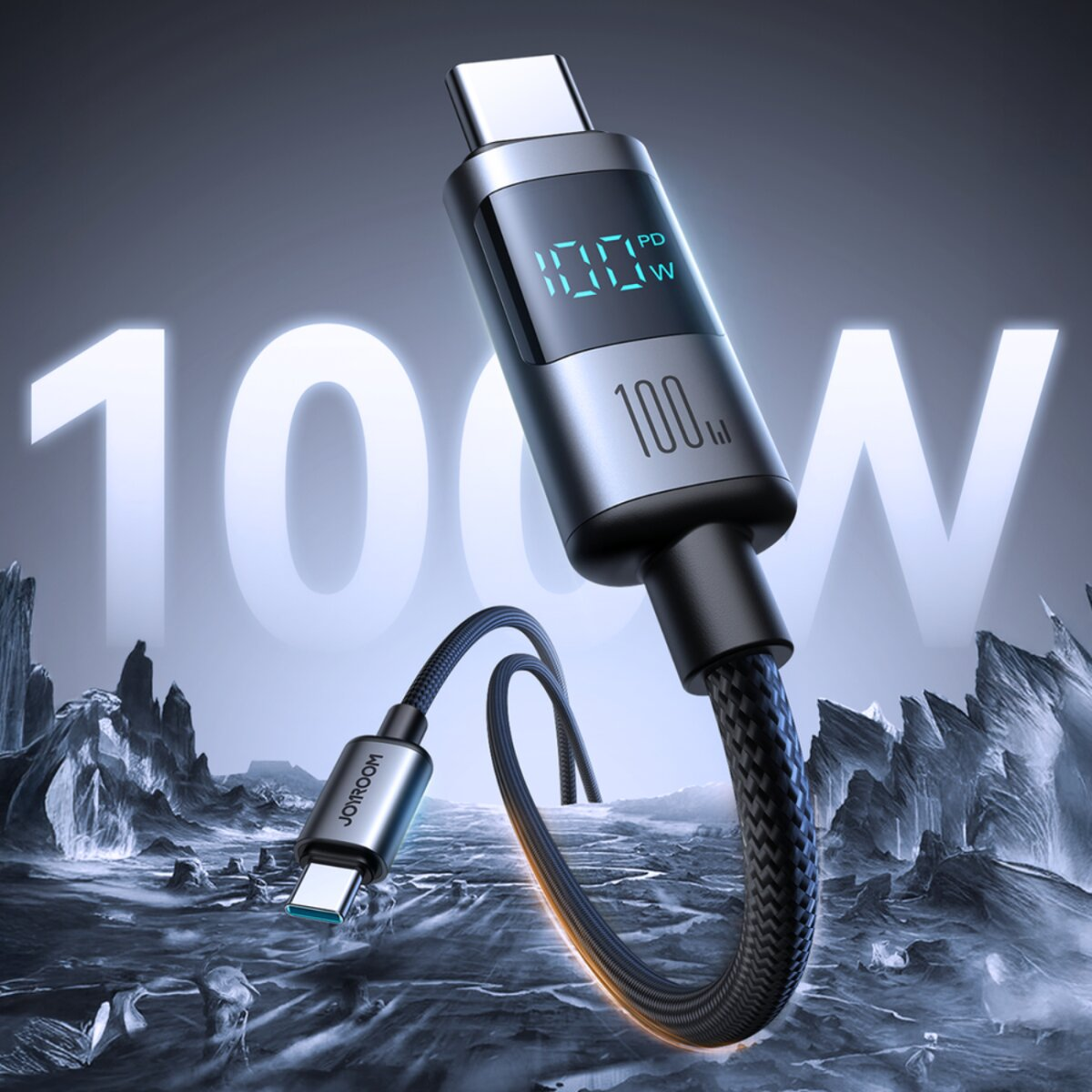Ein USB-C-Ladekabel mit digitaler Anzeige von 100 W Leistung, auf stilisiertem Hintergrund mit der Zahl 100 W in Weiß.