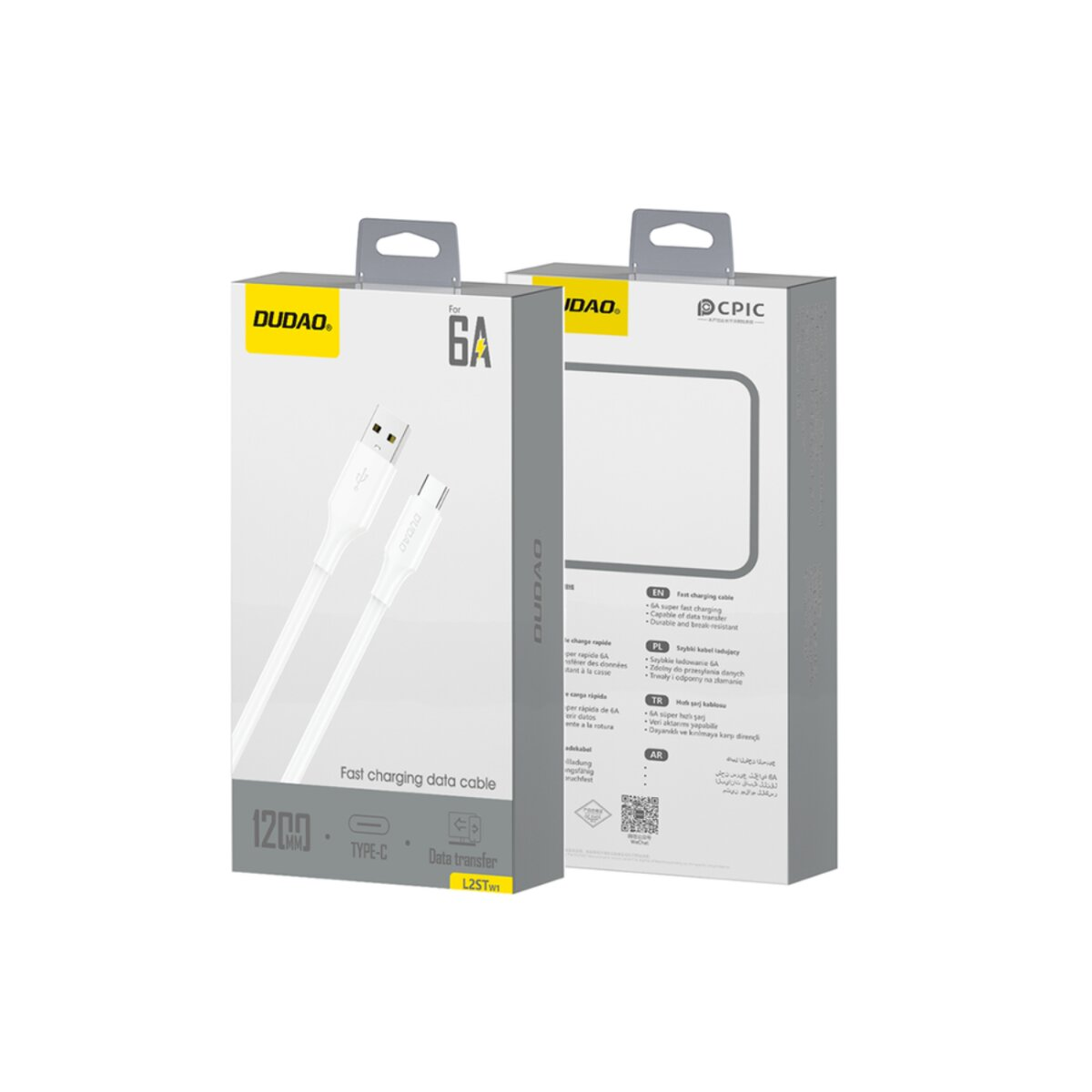 Zwei weiße Kartons mit weißem Ladekabel. Auf den Kartons steht 'DUDAO', '6A' und 'Fast charging data cable'.
