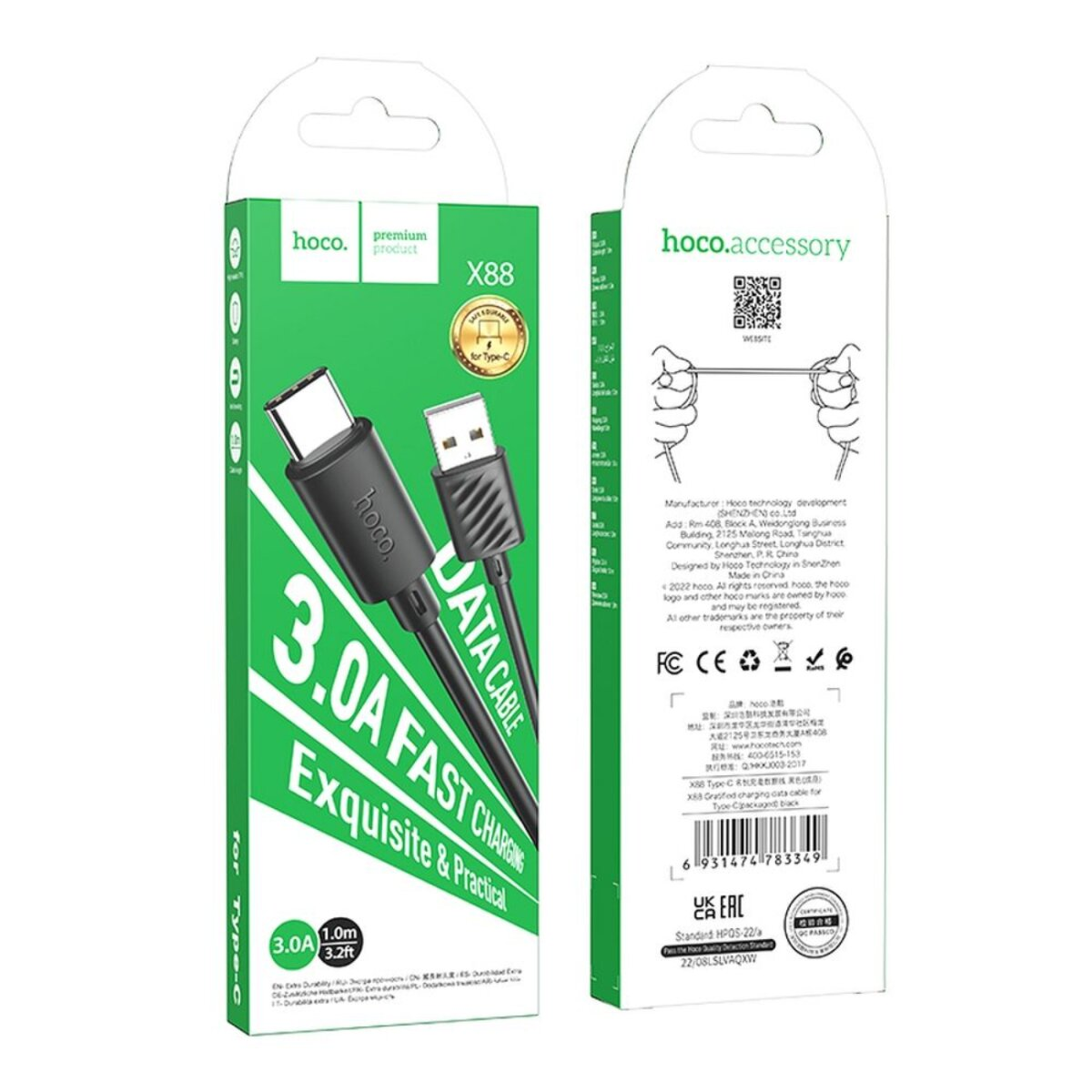 Una scatola verde e bianca mostra un cavo USB-C, etichettato 3.0A Fast Charging. Il marchio è 'hoco'.