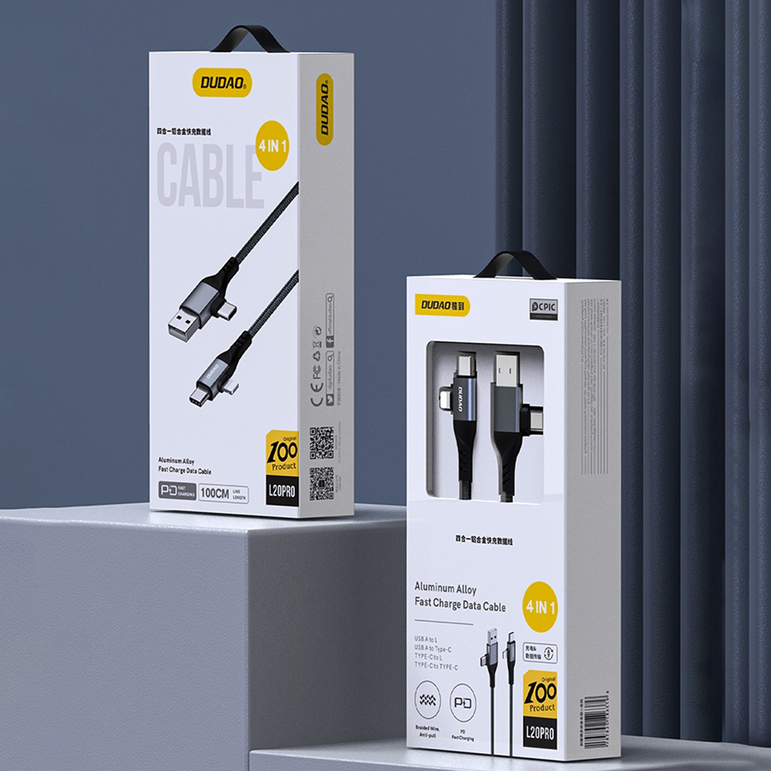 Zwei Kartons mit USB-Kabeln werden angezeigt. Die Kartons sind weiß mit schwarzen Akzenten und zeigen den Markennamen DUDAO und Produktdetails.