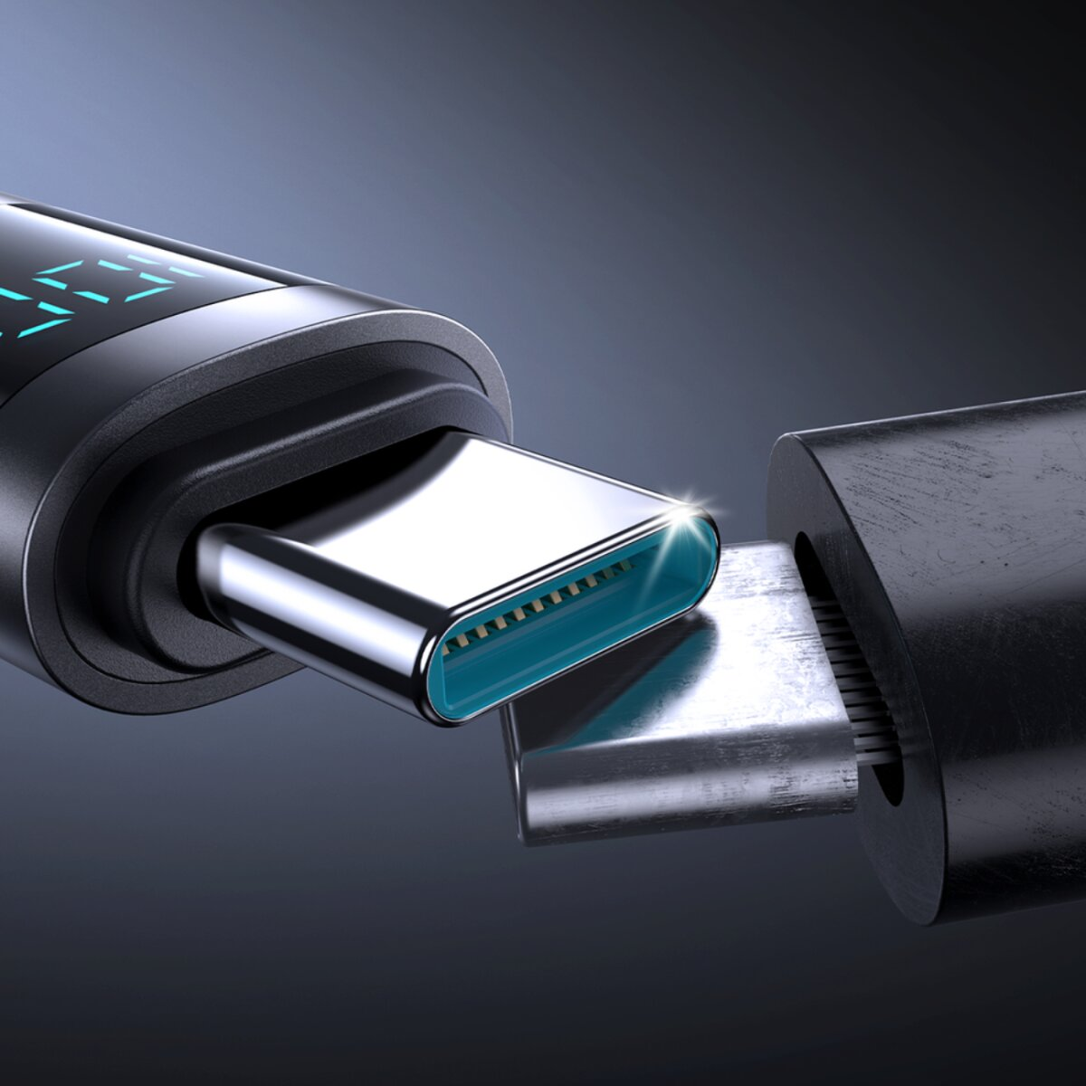 Nahaufnahme von USB-C-Anschlüssen. Ein Stecker wird in den anderen gesteckt, wobei Silber- und Schwarzdetails vor dunklem Hintergrund zu sehen sind.