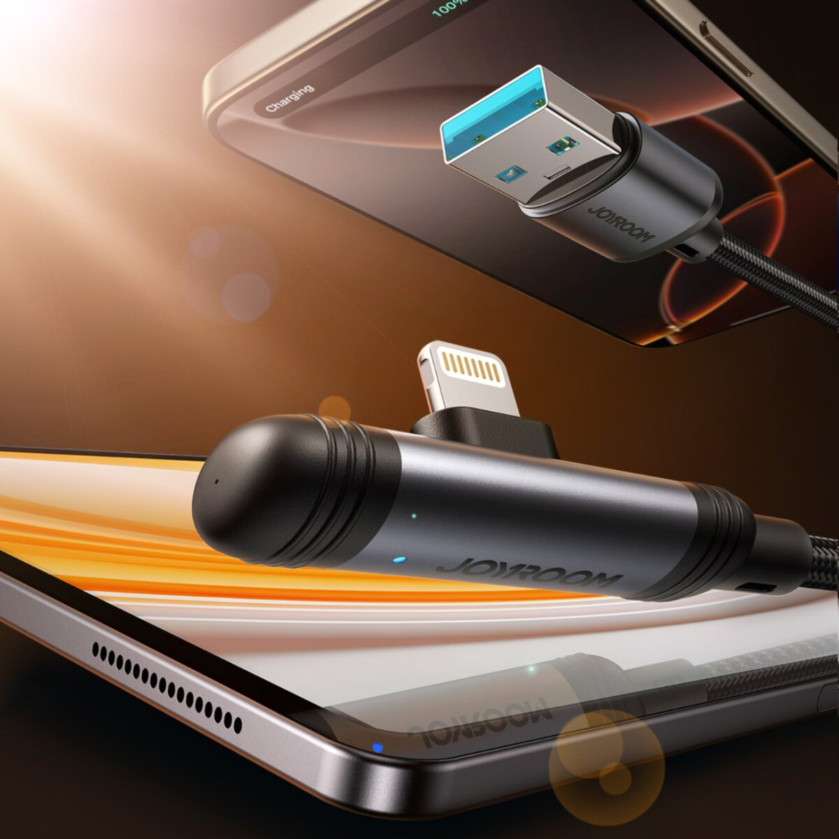 Un téléphone se chargeant avec un câble Lightning. Un câble USB est connecté au téléphone. L'arrière-plan est flou.