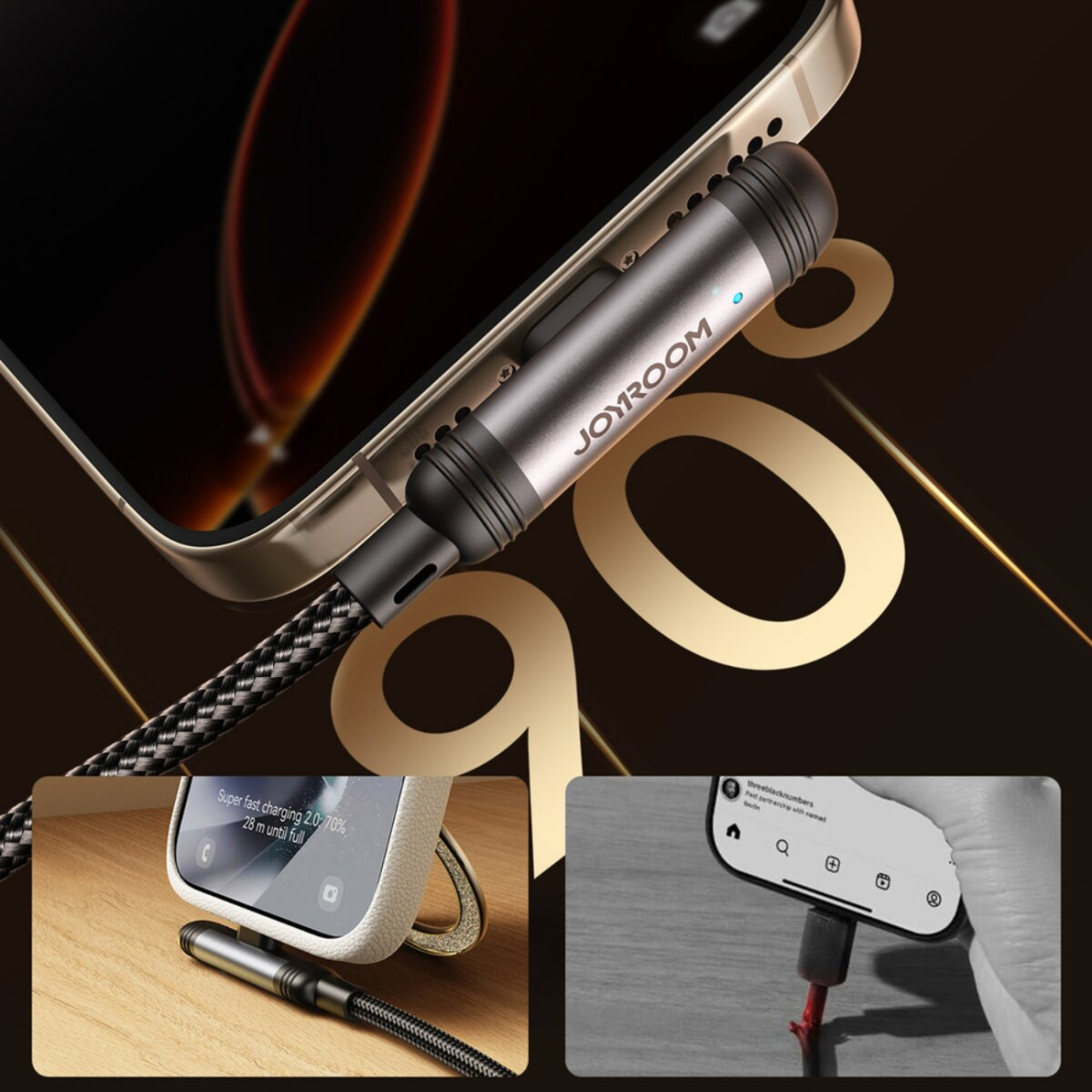 Téléphone en charge avec un câble Joyroom. Affichage de l'état de charge et de l'interface Instagram.