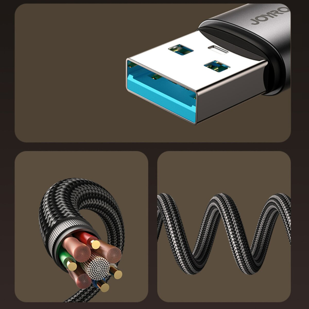 Gros plan d'un câble USB avec un connecteur bleu. Montrant les fils internes et l'extérieur tressé du câble. Le fond est marron.