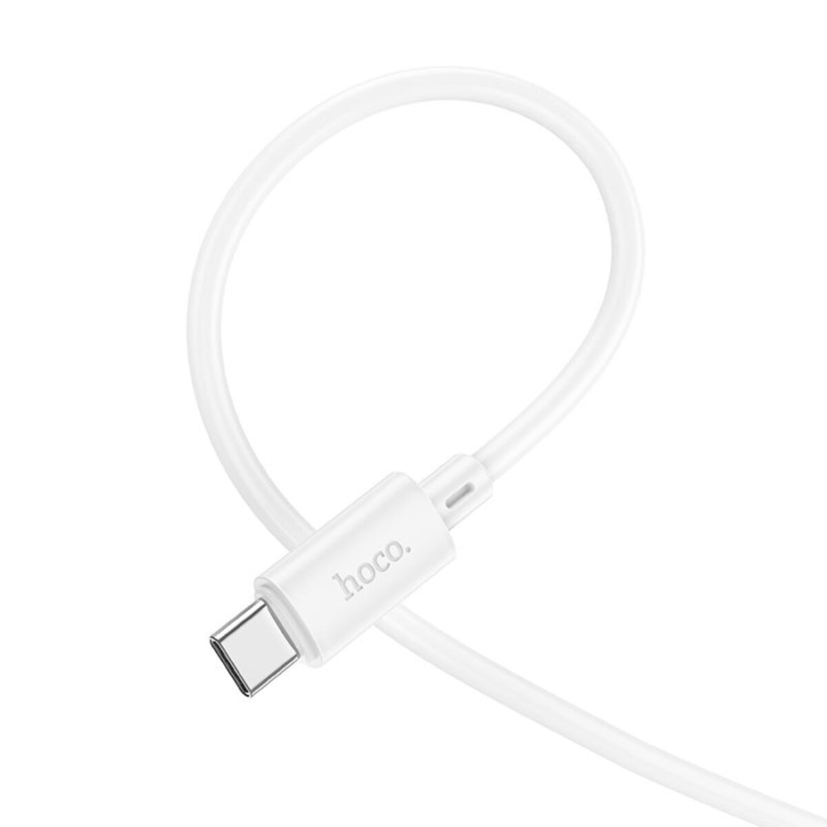 Ein weißes USB-C-Ladekabel, in einer Schlaufe gebogen. Der Stecker ist sichtbar, der Markenname 'hoco.' ist aufgedruckt.