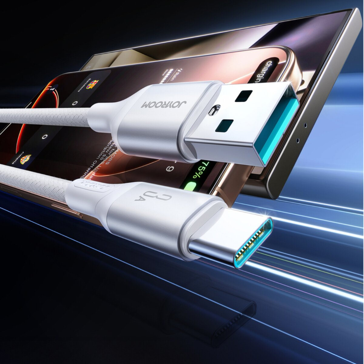 Ein weißes USB-C-Ladekabel mit silbernen Anschlüssen ist an ein Telefon angeschlossen. Im Hintergrund ist ein anderes Telefon zu sehen. 75 % Aufladung.