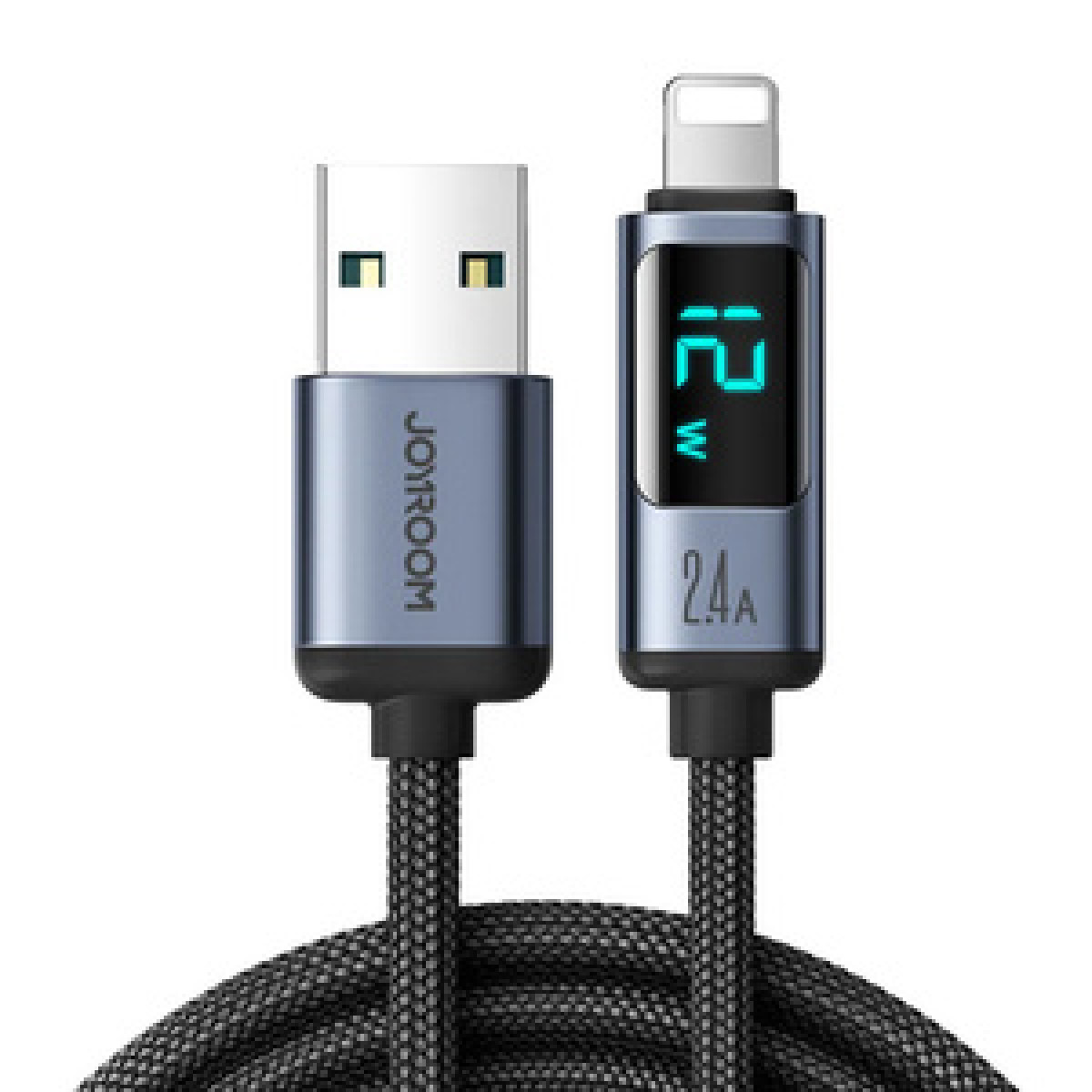 Kabel ładujący USB do Lightning z cyfrowym wyświetlaczem. Kabel jest czarno-szary. Wyświetlacz pokazuje moc w watach i amperach.