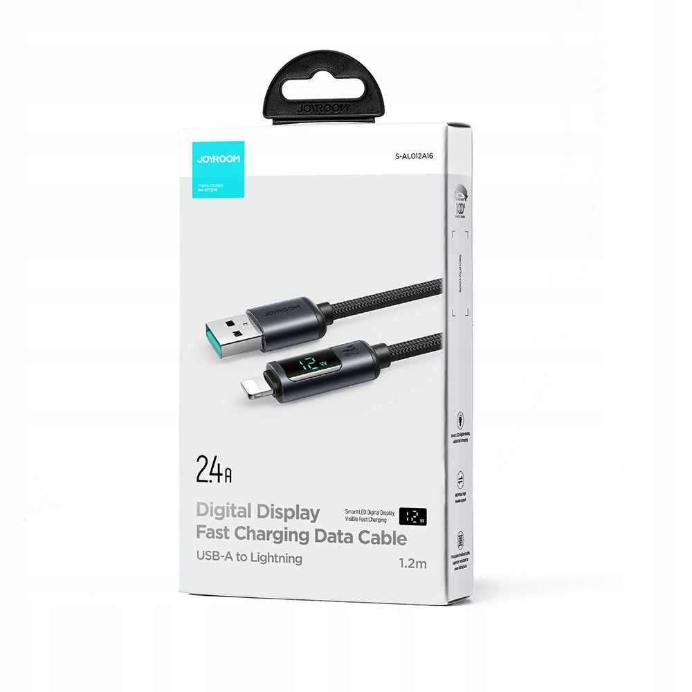 Białe pudełko z kablem USB-A do Lightning. Na pudełku napis 'Digital Display Fast Charging Data Cable' i wyświetlacz poziomu naładowania.