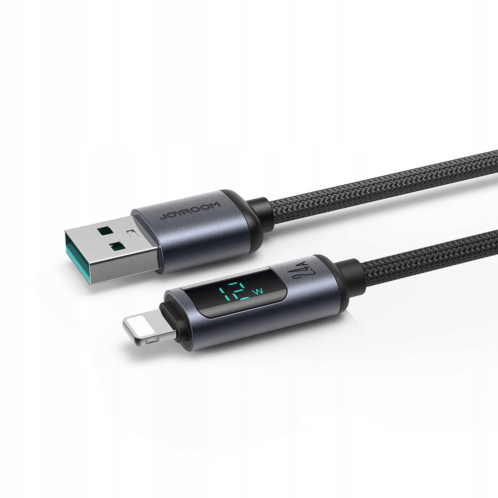 Szary kabel ładujący z wtyczką USB i Lightning. Wyświetla moc wyjściową jako 12W. Kabel ma teksturę.