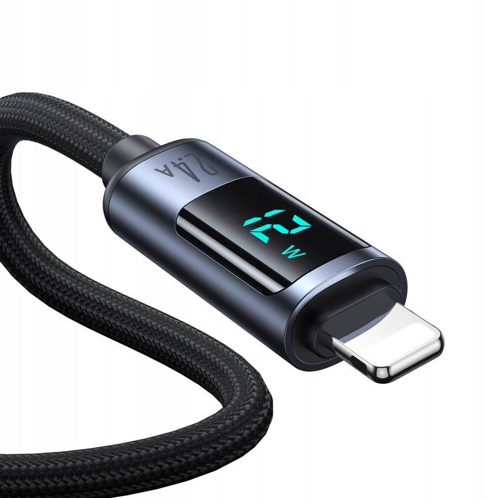 Zbliżenie kabla ładującego z wyświetlaczem cyfrowym pokazującym 22W. Kabel jest czarny i posiada złącze USB-C.