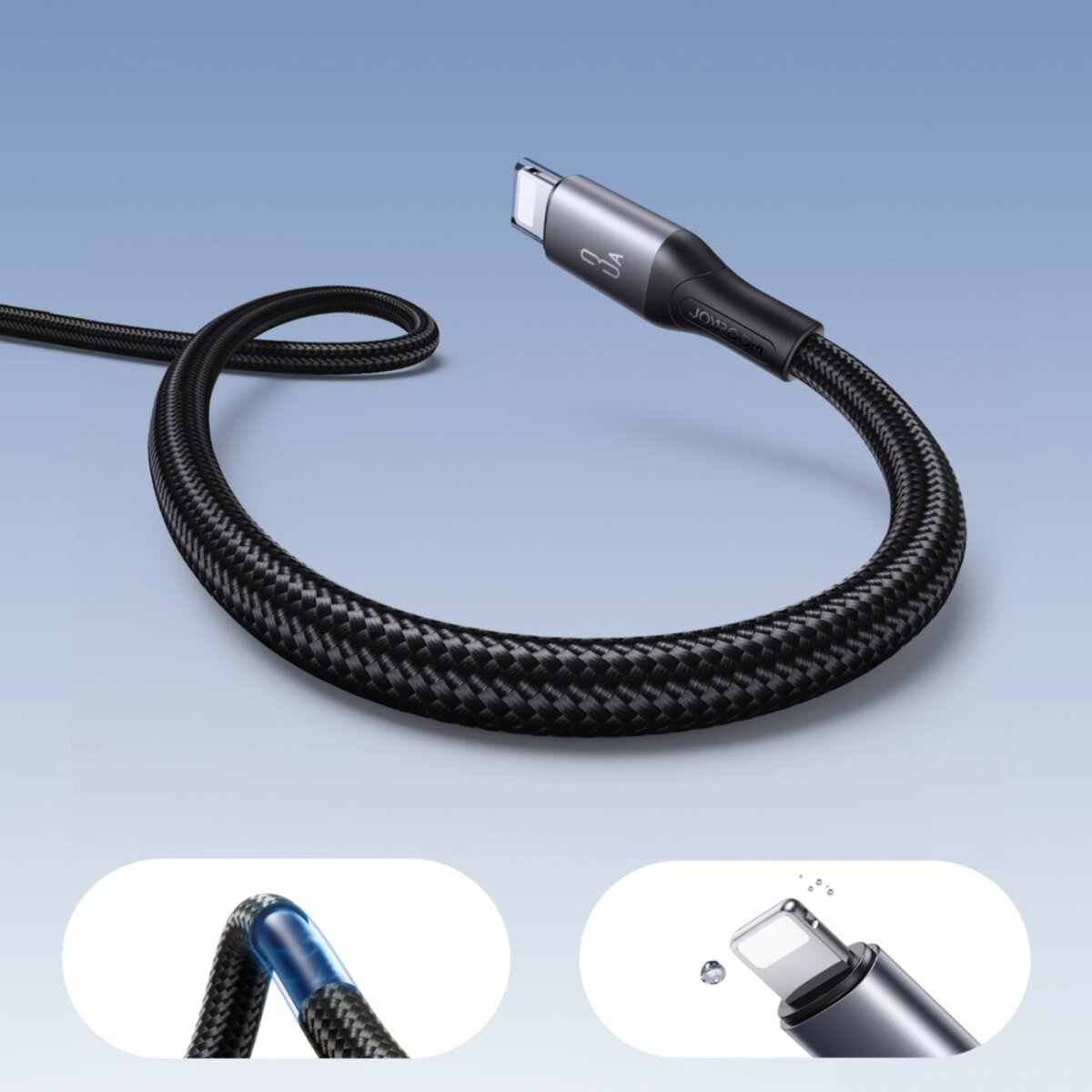 Ein schwarzes USB-C-Kabel mit geflochtenem Design, das sich auf einem blauen Farbverlaufshintergrund krümmt. Details der Anschlüsse sind ebenfalls abgebildet.