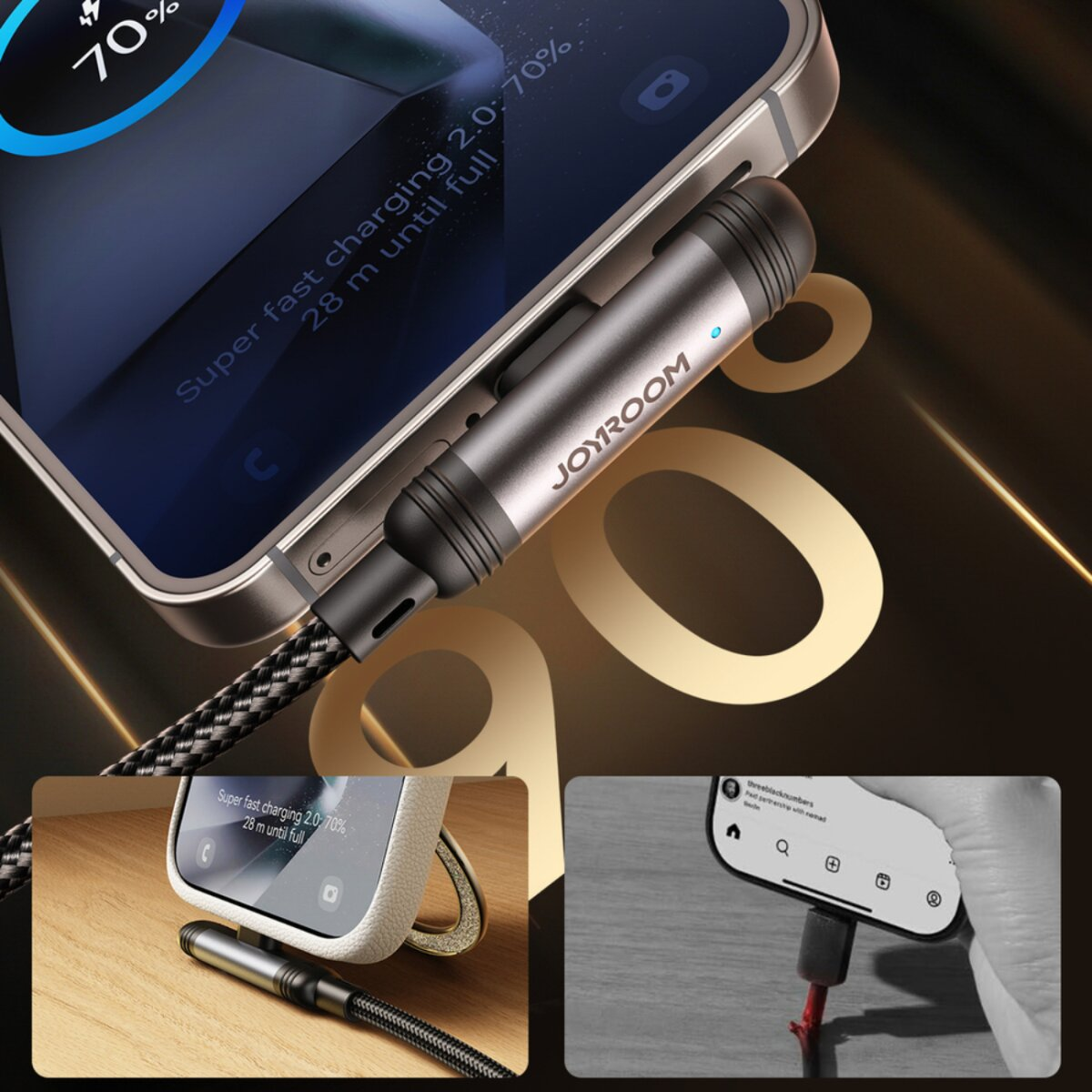 Ein Telefon, das mit einem JOYROOM-Kabel geladen wird. Der Bildschirm zeigt 70 % geladen an. Unterbilder zeigen das Kabel und das Telefon.