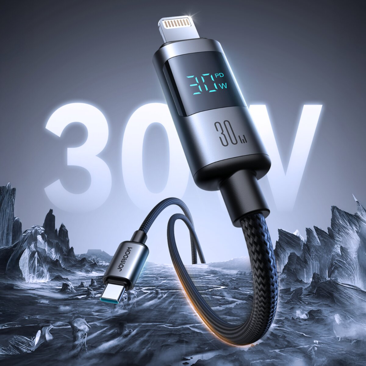 Ein Ladekabel mit digitaler Anzeige von 30W. Das Kabel hat einen Typ-C- und einen Lightning-Anschluss, vor grauem Hintergrund.