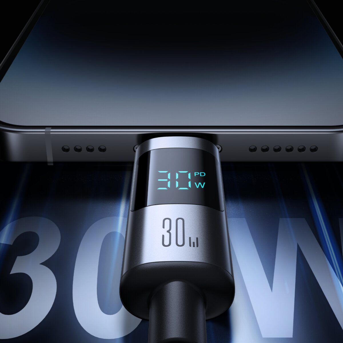 Ein Telefon wird mit einem USB-C-Kabel aufgeladen. Das Kabel zeigt 30 W Leistung an. Der Hintergrund ist dunkel mit blauen Akzenten.