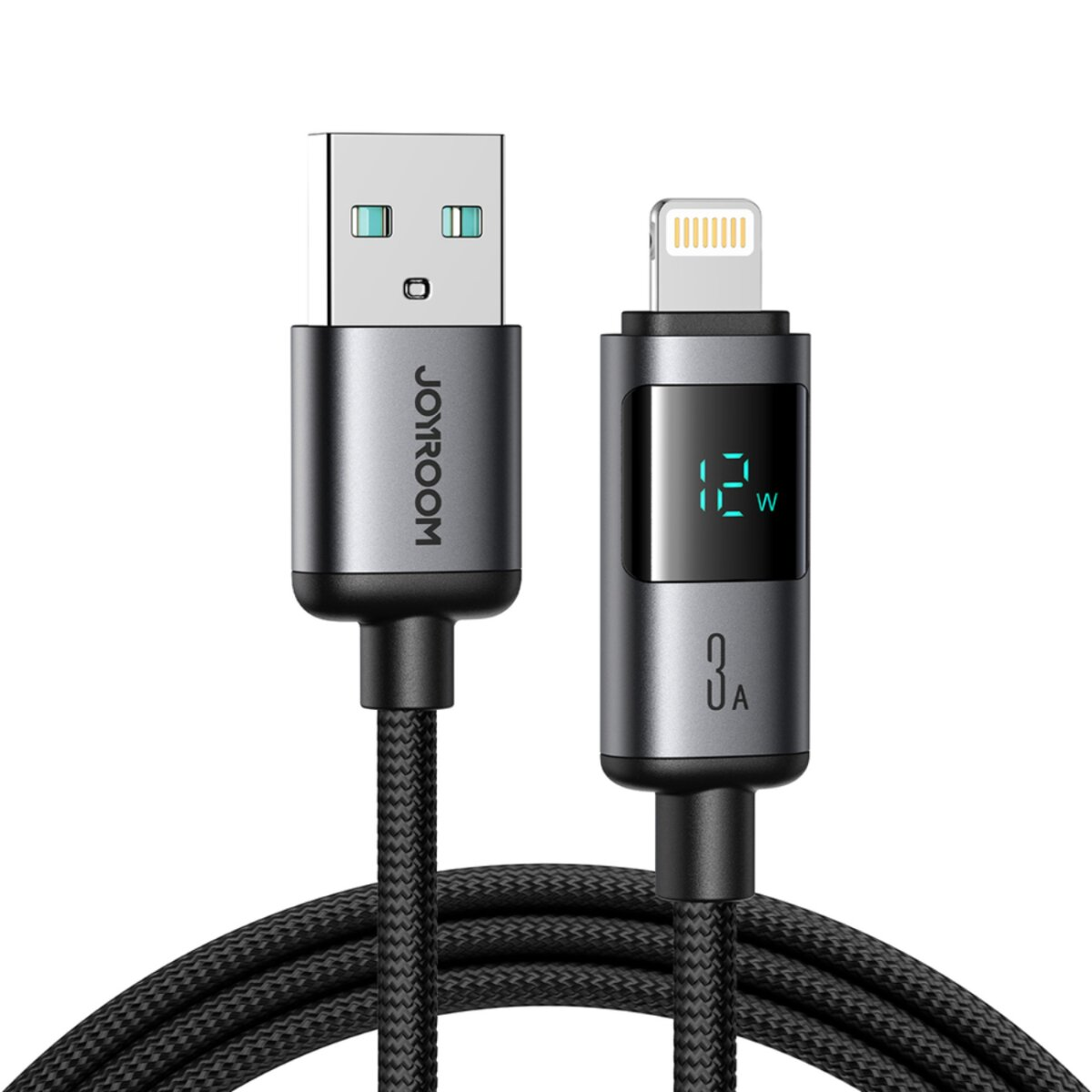 Ein Joyroom USB-auf-Lightning-Kabel. Das Kabel hat eine digitale Anzeige mit 12W und 3A. Das Kabel ist schwarz.